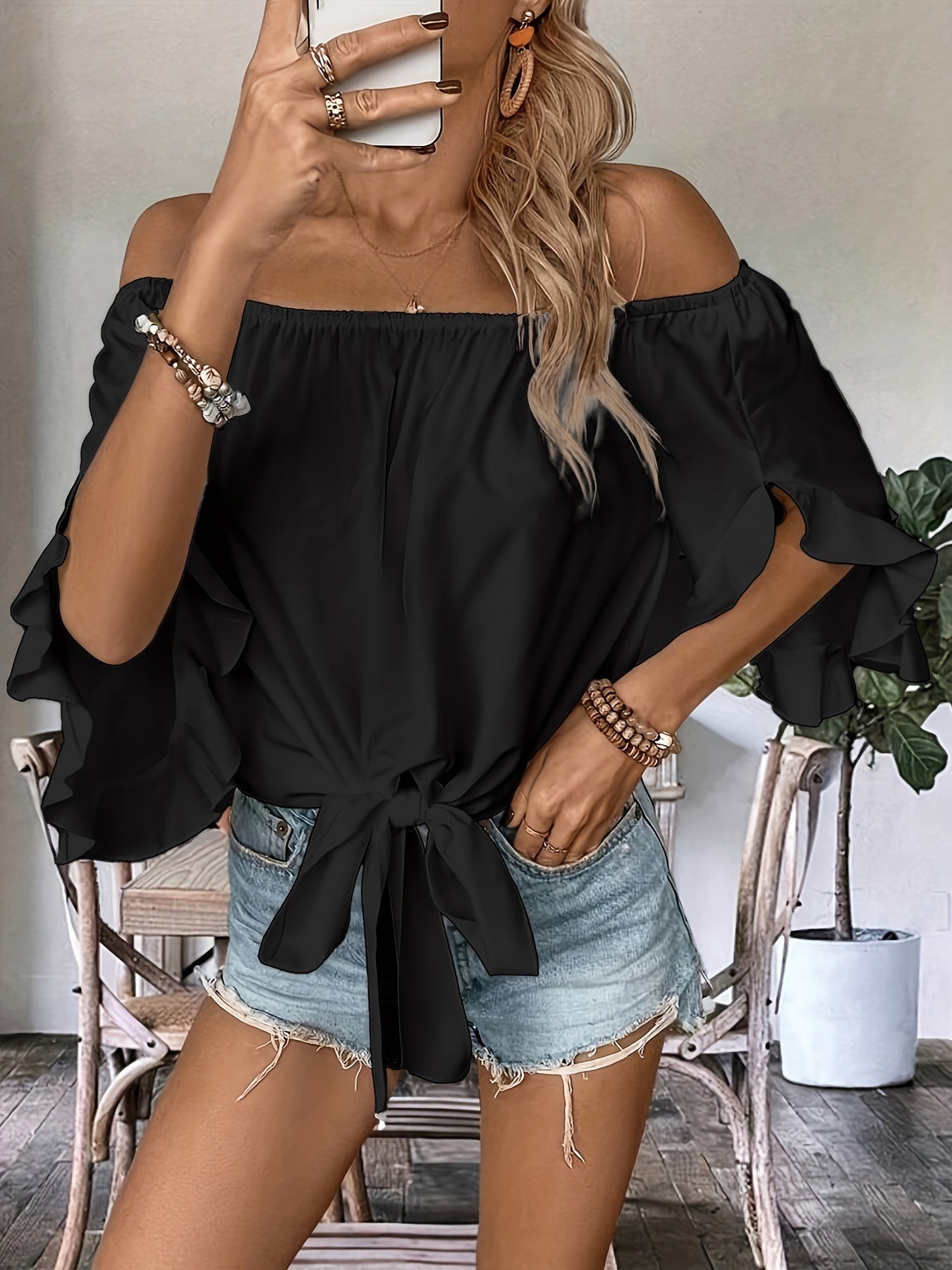 Ruffle Trim Off-shoulder Blouse, Casual Knot Hem Three-quarter Sleeve Blouse For Spring & Summer, Women's Clothing