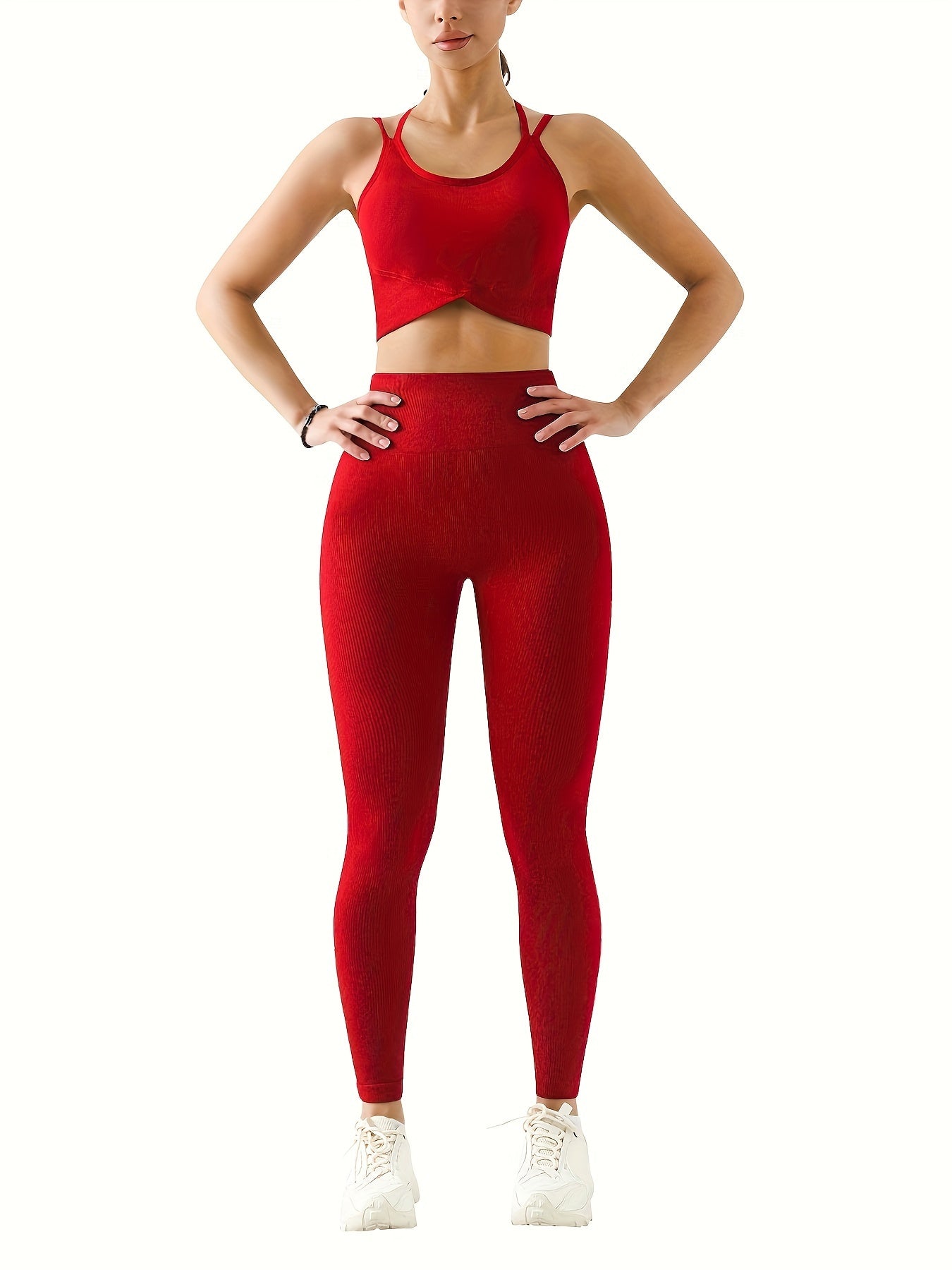 2pcs Solid Color Workout Sets, Backless Sports Bra & Wide Waistband Hip Lift Running Leggings, Women's Activewear
