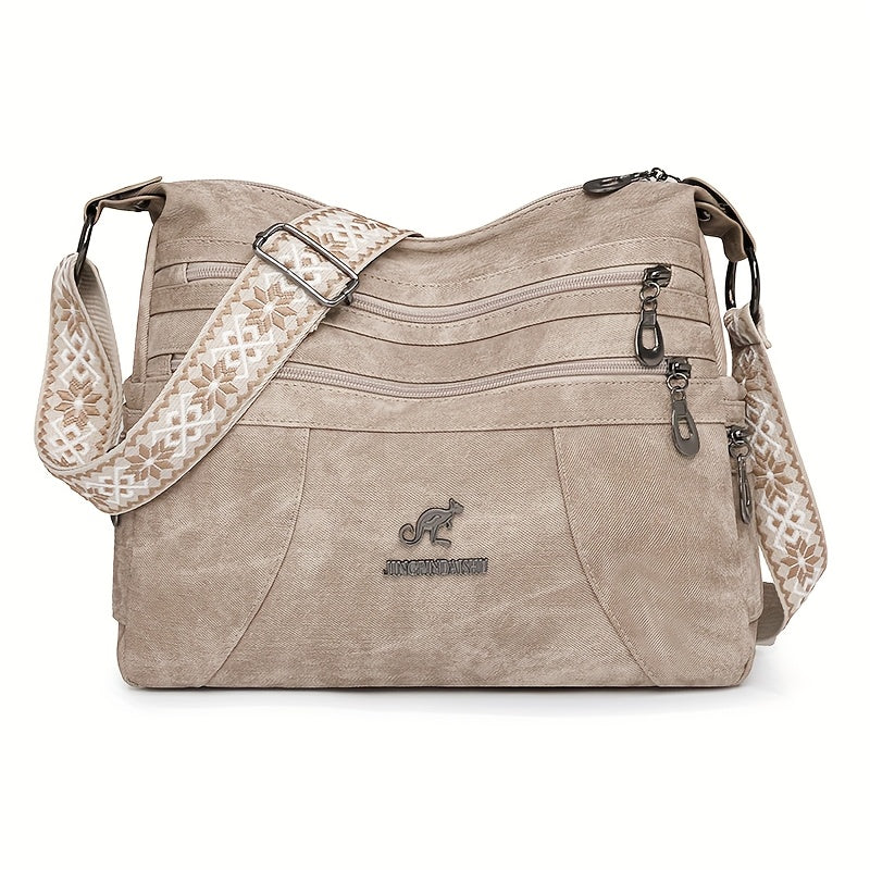 Women'S Retro Bohemian Crossbody Bag with Adjustable Strap - Solid Color Olive Green Tote Handbag, Large Capacity for Everyday Use, Golden-Tone Hardware & Zipper Closure, Purse Crossbody