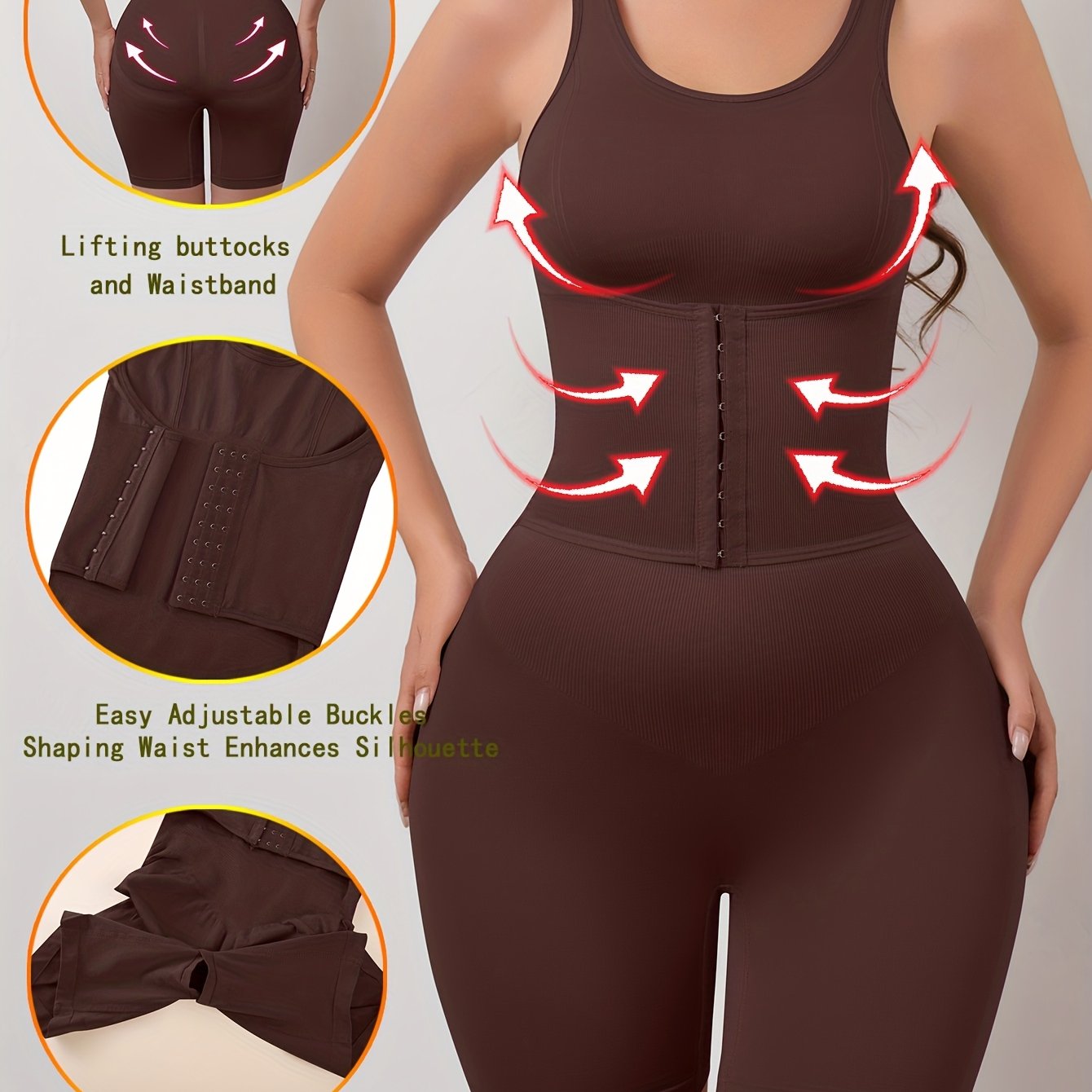 Women's Full-Body Tummy Control Bodysuit - Double-Layer High Compression Shaping Suit with Butt Lift & Waist, Smooth Curves Instantly, Brown/Black/Navy/Beige, Hand Washable One-Piece for Postpartum &