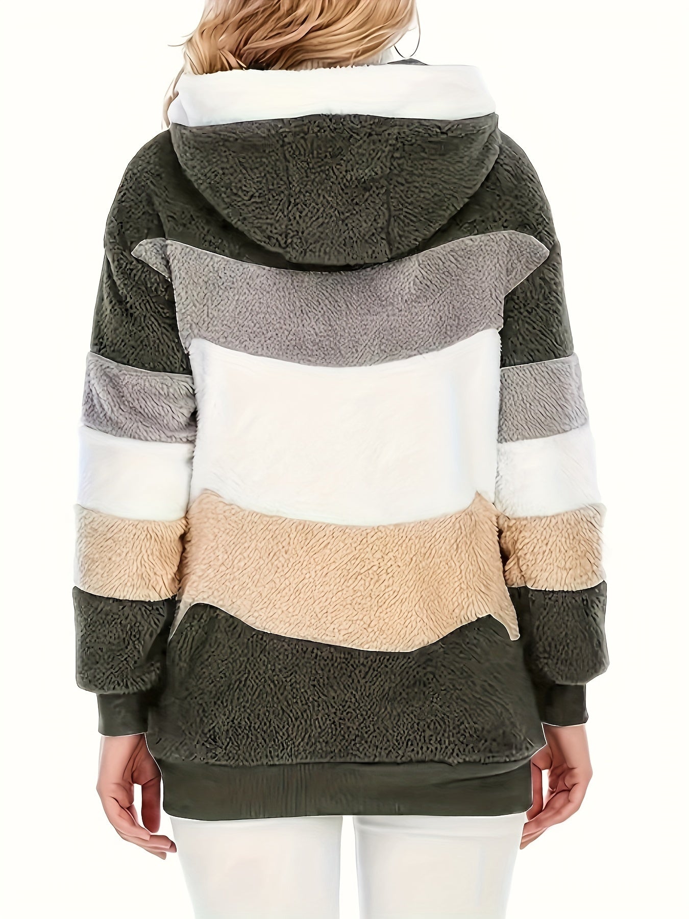 Women's Plush Faux Fur Hooded Jacket - Loose Fit Color Block Coat with Blue/Beige/White/Black Design, Long Sleeve Winter Warmth, Machine Washable for Casual & Formal Outfits, Ladies Winter Coats, Autumn Layering Piece, Formal