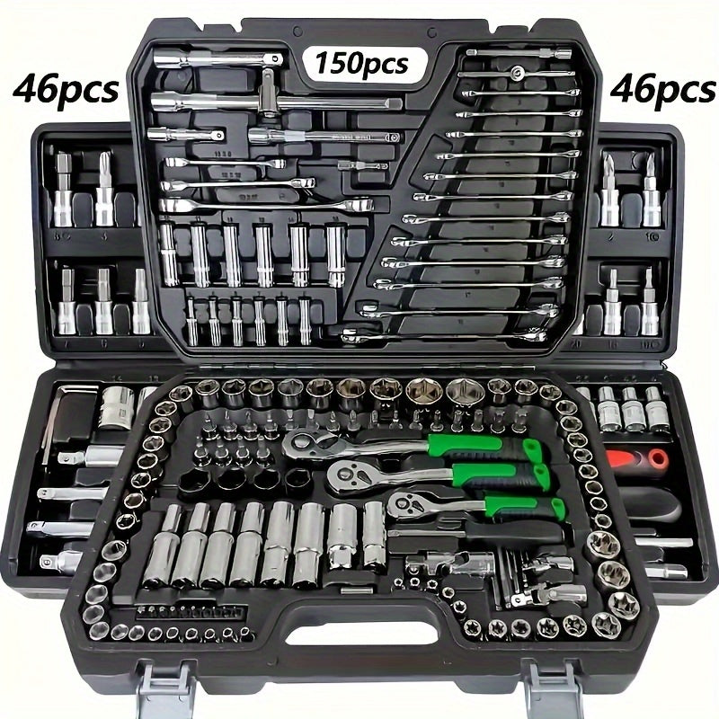 150/46pcs Auto Mechanical Repair Tool Set, Multifunctional with Socket, Wrench and Ratchet Set, Durable Metal Structure Tool Box with Storage Box, No Electricity Required