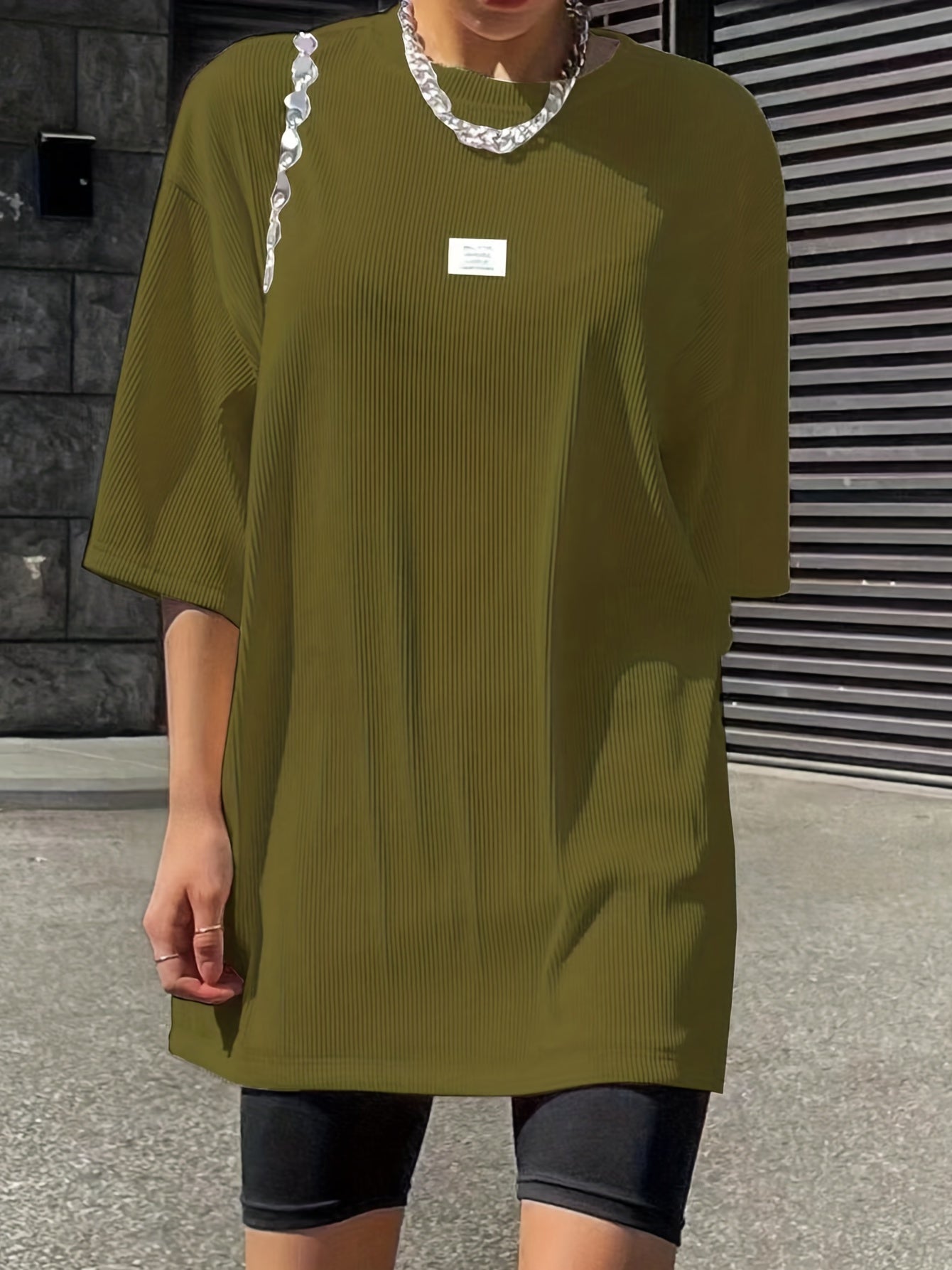 Oversized Drop Shoulder Ribbed T-Shirt, Casual Crew Neck Short Sleeve T-Shirt For Spring & Summer, Women's Clothing