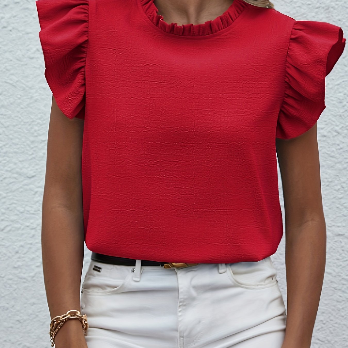 Ruffle Trim Round Neck Blouse, Casual Flutter Sleeve Blouse For Spring & Summer, Women's Clothing Wedding holiday vacation