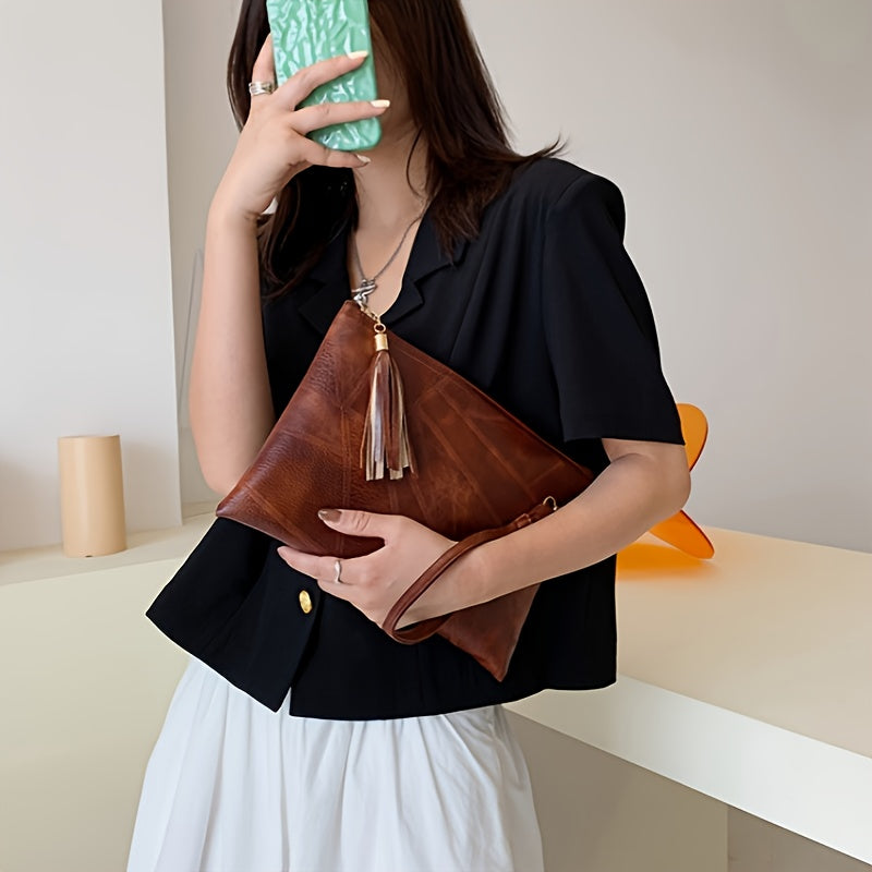 Women's Vintage Handbag & Wallet Clutch - Detachable Strap & Zipper Closure, Tassel Fringe Tassel Chain Strap, Golden-Tone Hardware, Deep Brown/Black Retro Wallet Purse for Everyday & Formal Events, Lining, Geometric Pattern,