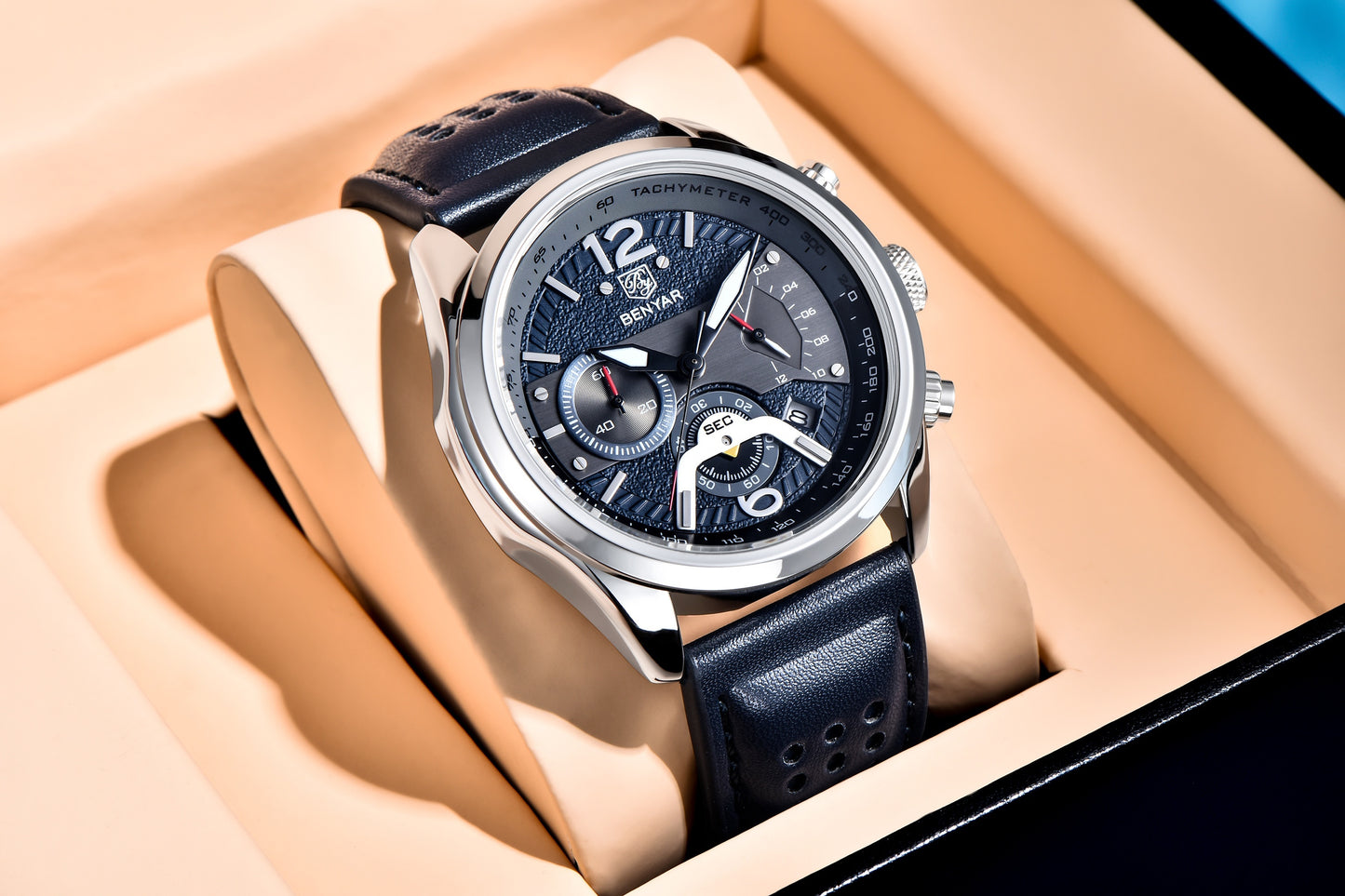 BENYAR Men's Luminous Quartz Watch - 42mm, Chronograph & Analog Display, Sporty Business Casual Design with Faux Leather Strap