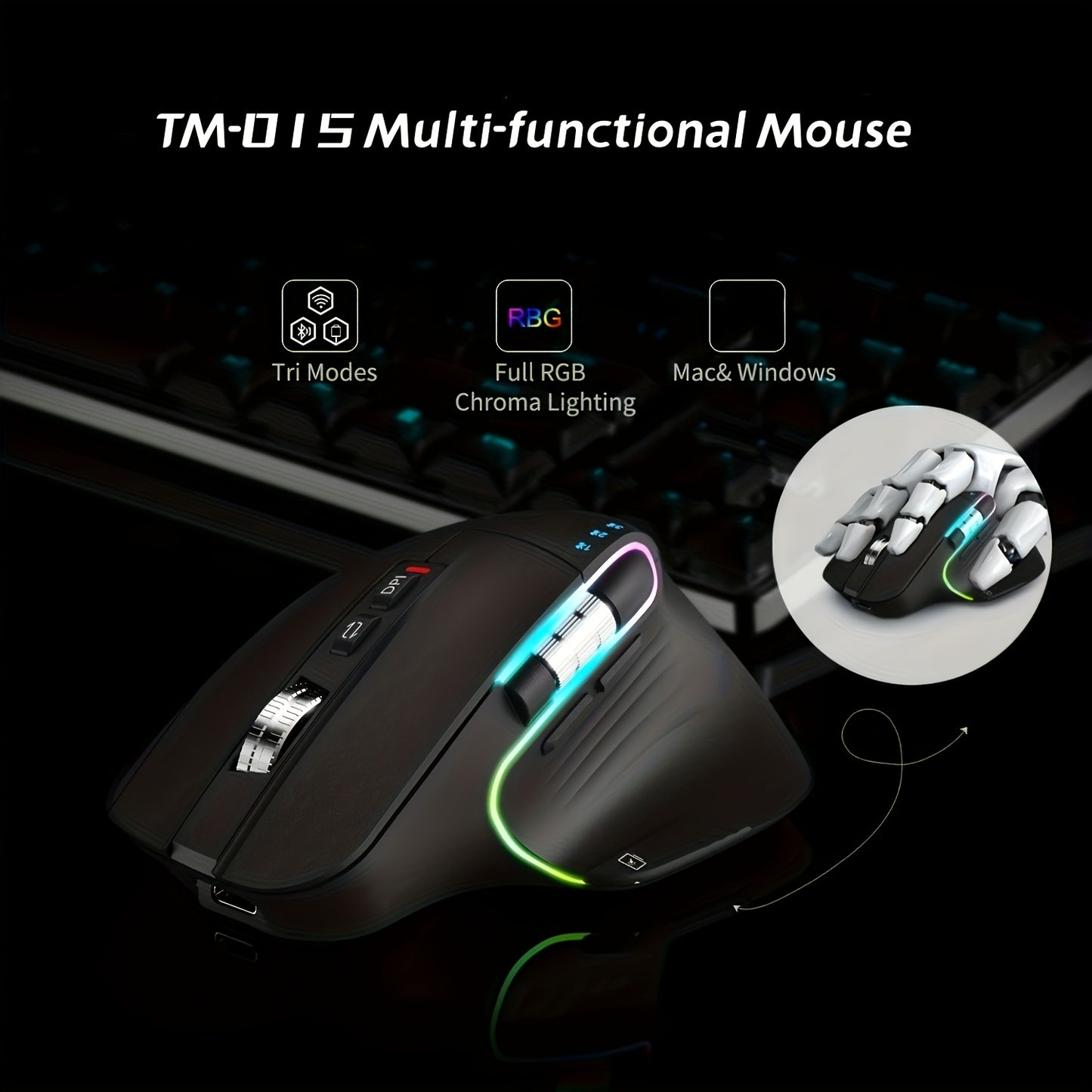 Wireless Wireless Mouse, 2.4GHz, Type-C Wired Three Mode Connection, Artificial Vertical Mouse, Rechargeable Optical Mouse, RGB Office Gaming Mouse, Four-Speed Adjustable DP; with 8 Buttons, Dual Sliders Right-Handed Mouse, M