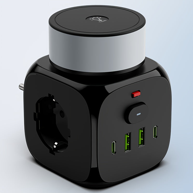 2025 New Multifunctional Round Power Strip/Socket/Strip Plug with 3 Power Outlets, with Night Light (2 USB-A) (2 TYPE-C), In-line Socket, Suitable for Home, Office, Kitchen, Bathroom, and Other Places, Multi Plug Outlet, Offi