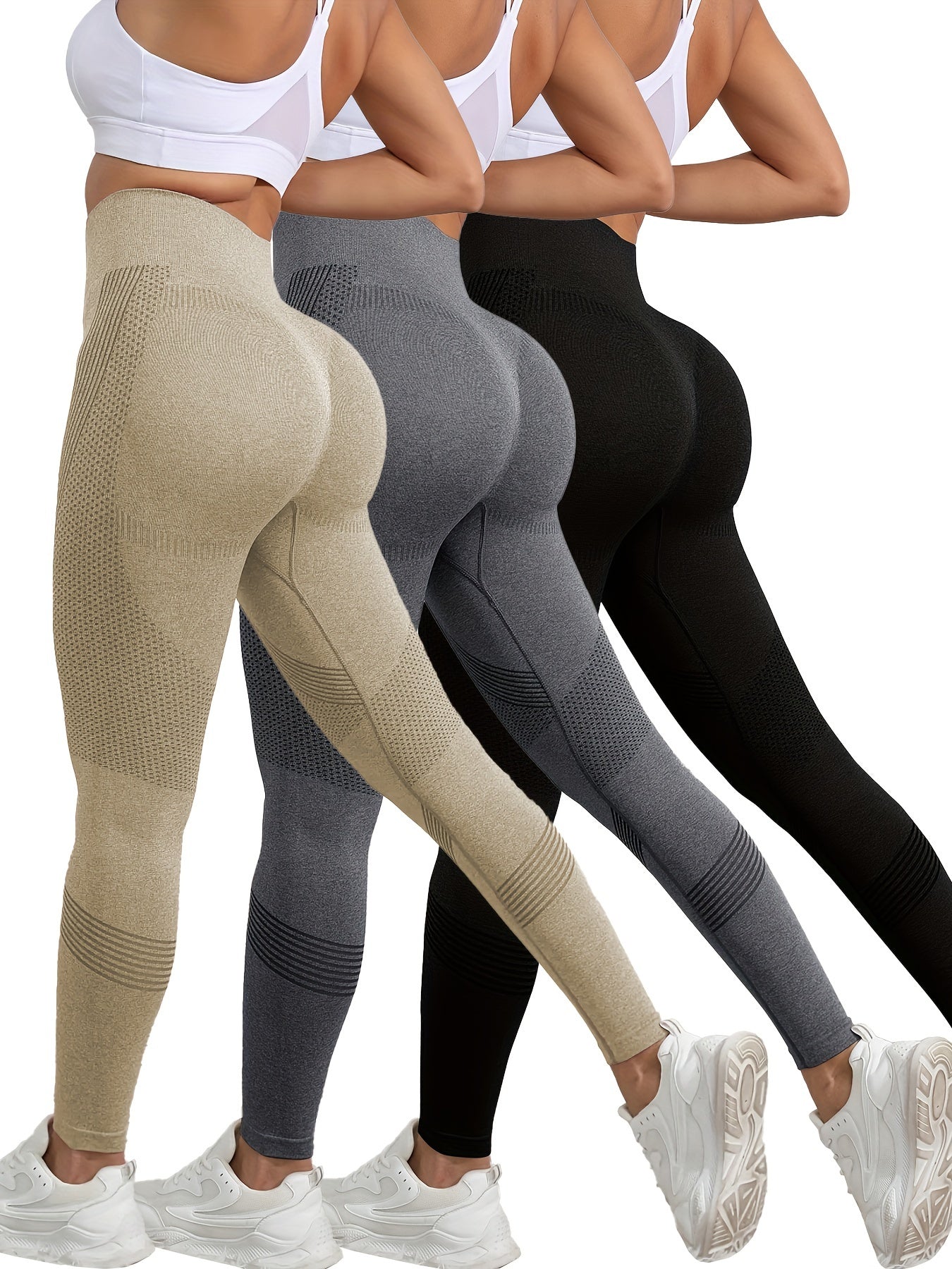 3pcs Breathable High Waist Butt Lifting Fitness Leggings, Solid Color, Tummy Control Running Sports Tight Yoga Pants, Women's Activewear