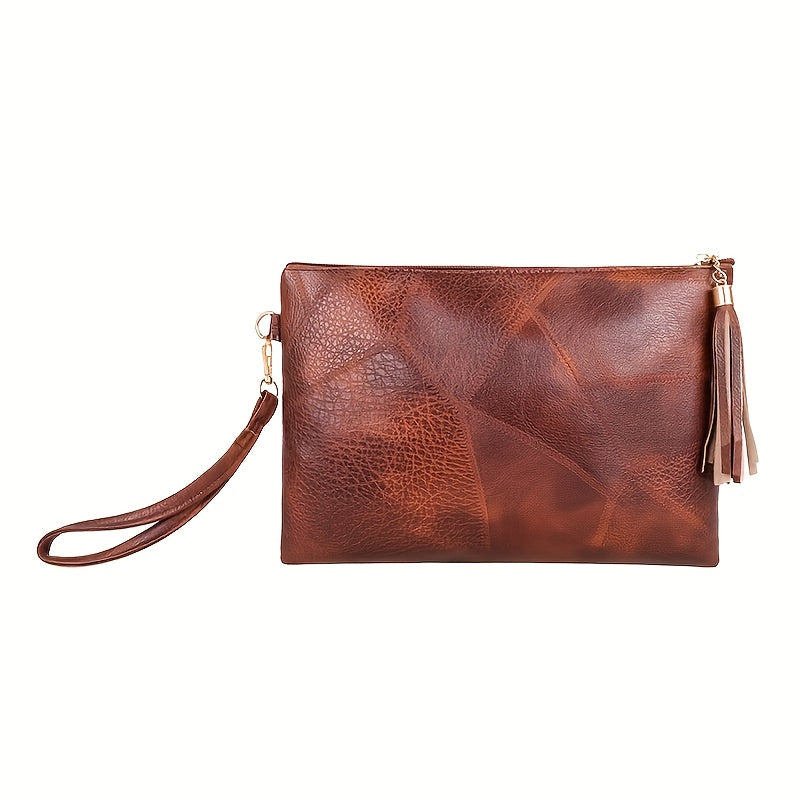 Women's Vintage Handbag & Wallet Clutch - Detachable Strap & Zipper Closure, Tassel Fringe Tassel Chain Strap, Golden-Tone Hardware, Deep Brown/Black Retro Wallet Purse for Everyday & Formal Events, Lining, Geometric Pattern,
