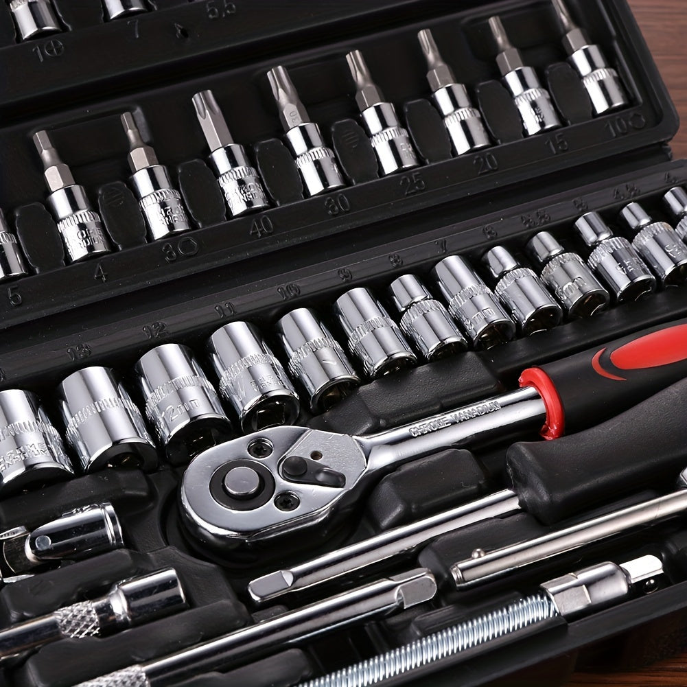 46pcs 2.54/10.16 Cm Drive Socket Ratchet Wrench Set, With Bit Socket Set, Metric And Extension Bar For Auto Repairing And Household, With Storage Case