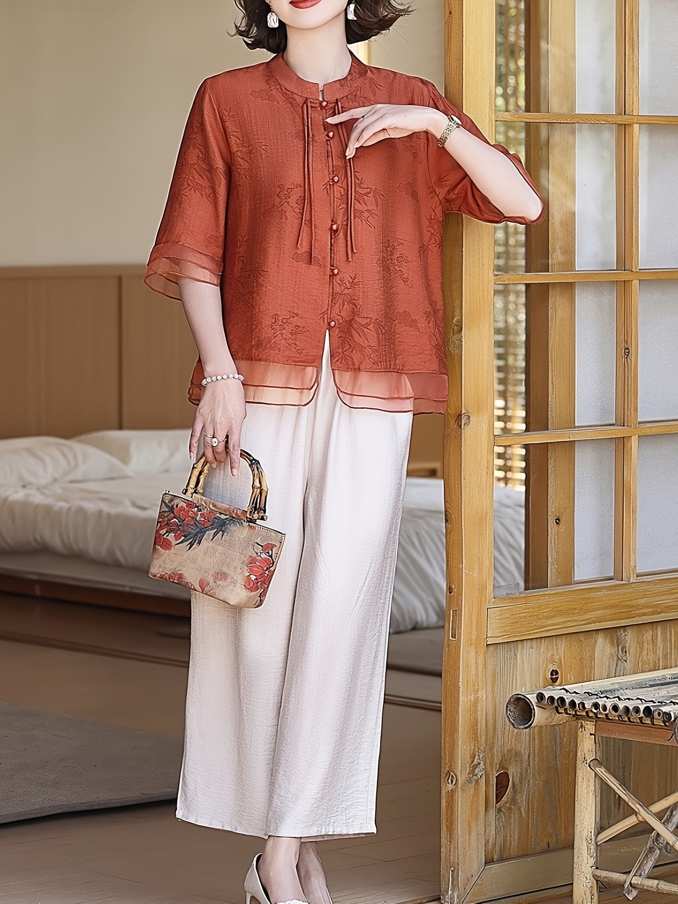 Women'S Elegant Summer Blouse with Floral Pattern - Short Sleeve, Mandarin Collar, Loose Fit, Light Olive Green, Perfect for Casual Attire, Casual Attire Blouse | Floral Pattern Top | Mandarin Collar Shirt