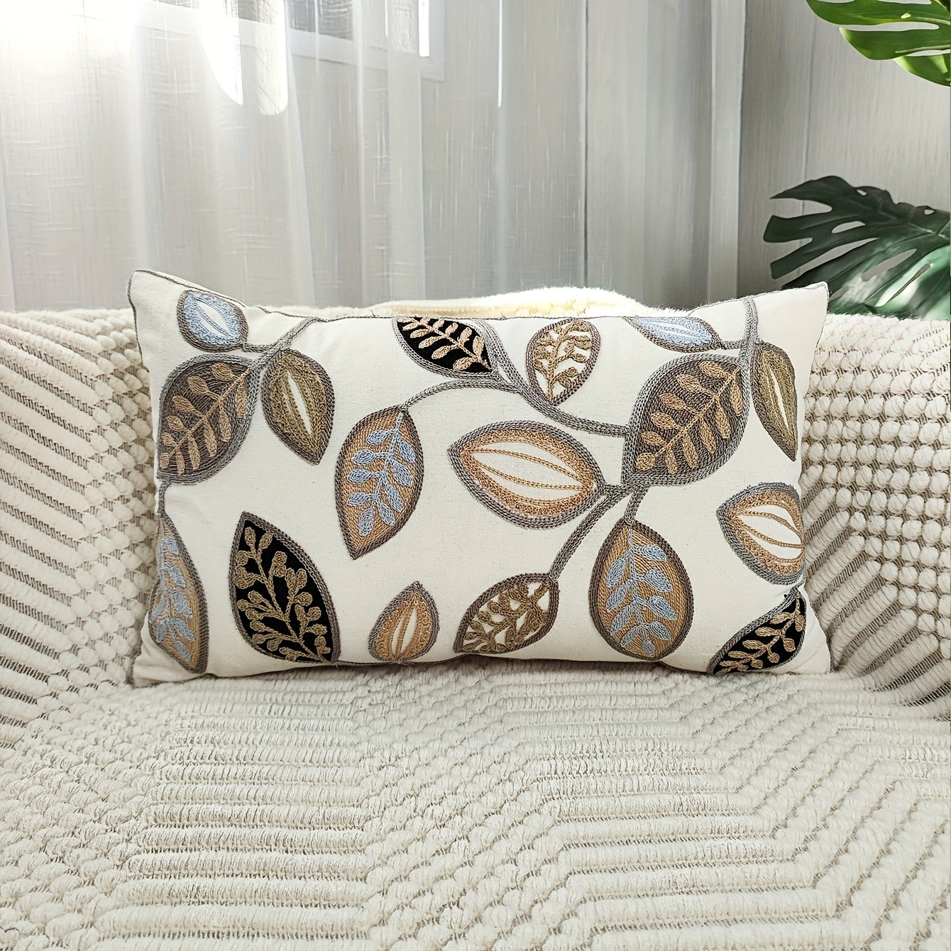 1pc Leaf Embroidered Decorative Throw Pillow Case, Canvas Cushion Cover For Living Room, Home Decor