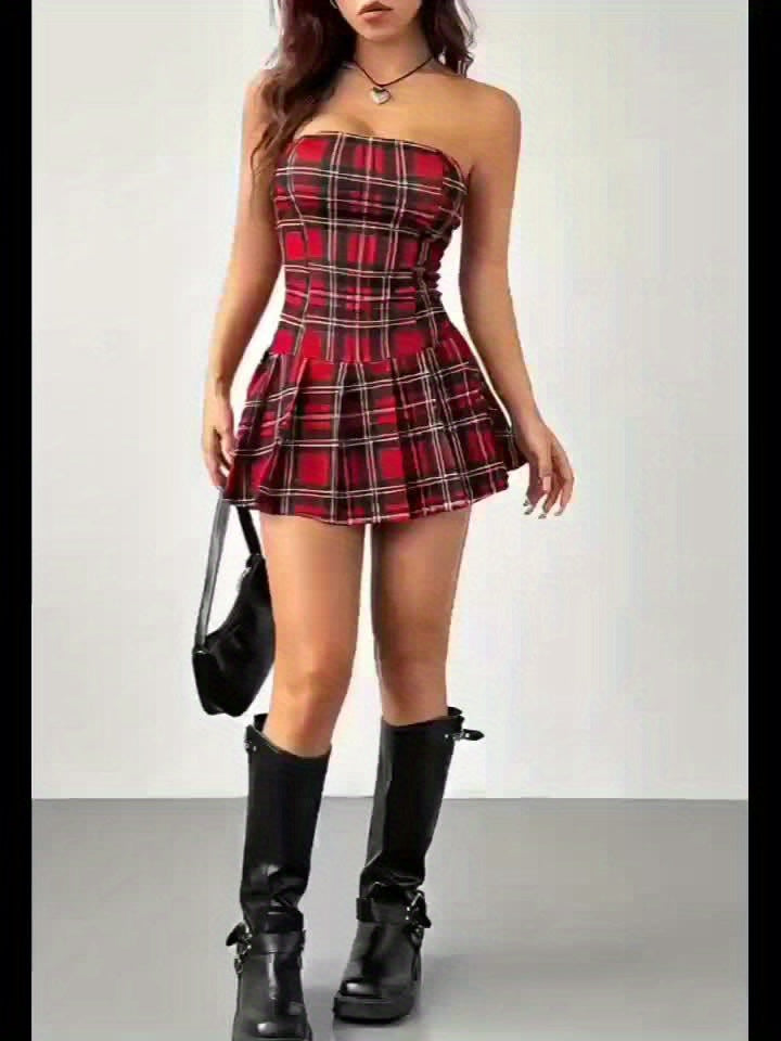 Plaid Print Tube Dress, Sexy Sleeveless Strapless Pleated Dress for Spring & Summer, Women's Clothing