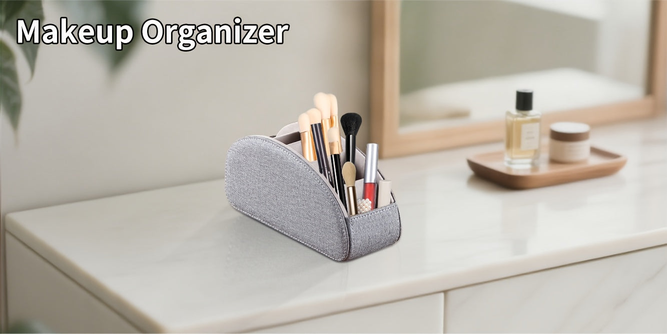 Remote Control Holder with 5 Compartments, PU Leather Multifunctional Desktop Storage Box/Remote Caddy/Pen Holder/Multi-Scene Practical Desk Organizer Shelf for Appliance Controllers, Stationery, Eyeglasses, Brushes, Office S