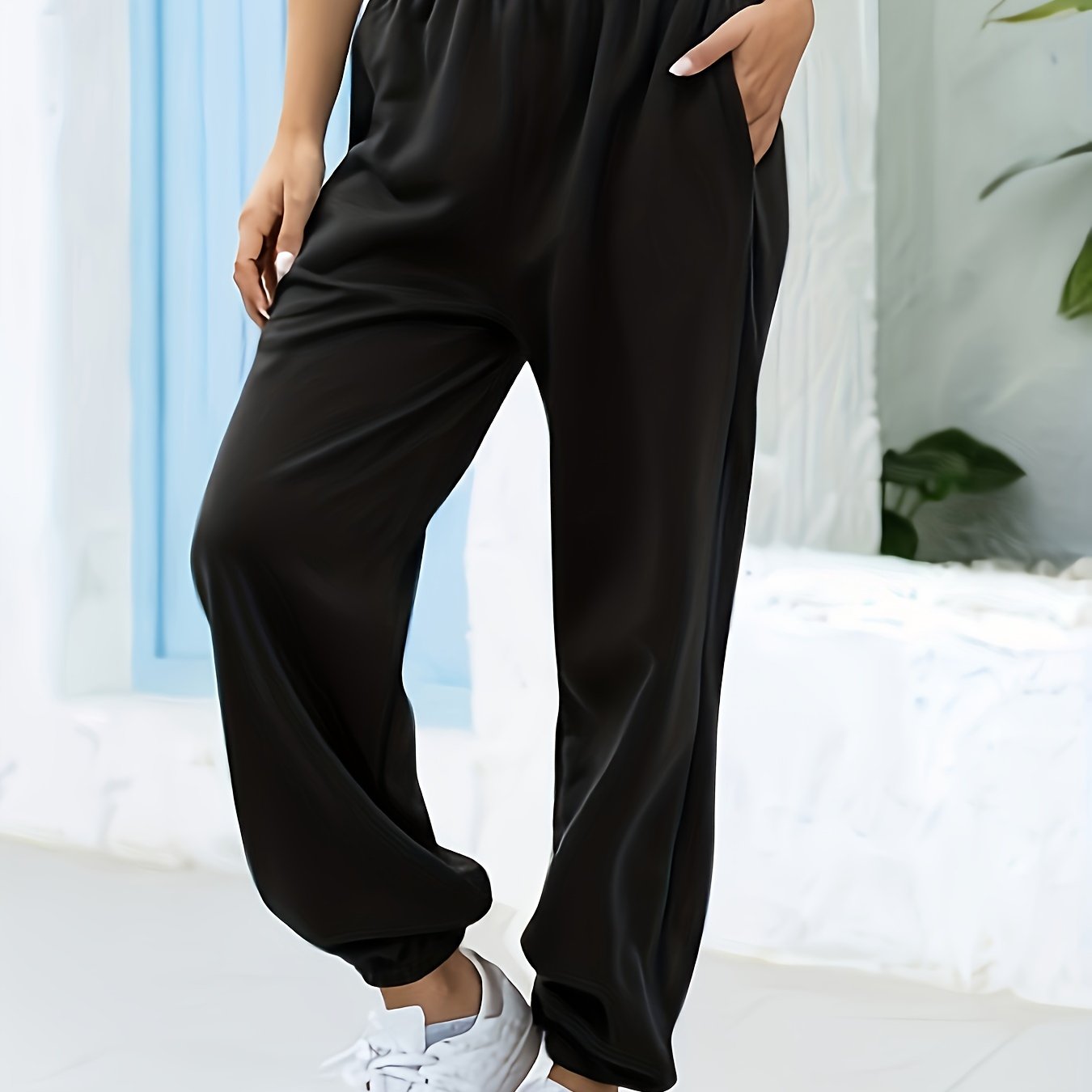 Women's High-Waisted Wide-Leg Cropped Pants - Casual Navy Blue Polyester, Elastic Waistband with Pockets, Perfect for Fall & Winter, Plus Size Pants