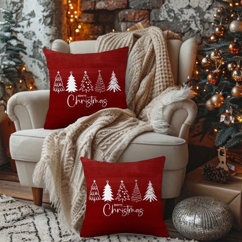 2pcs Red Christmas Tree Pillow Covers with White Cursive Merry Christmas Lettering & Tree Silhouettes - Burgundy Cases for Sofa, Bed, Office - Zippered Holiday Decorations (No Insert) - Hand Wash Only Festive Home Accent