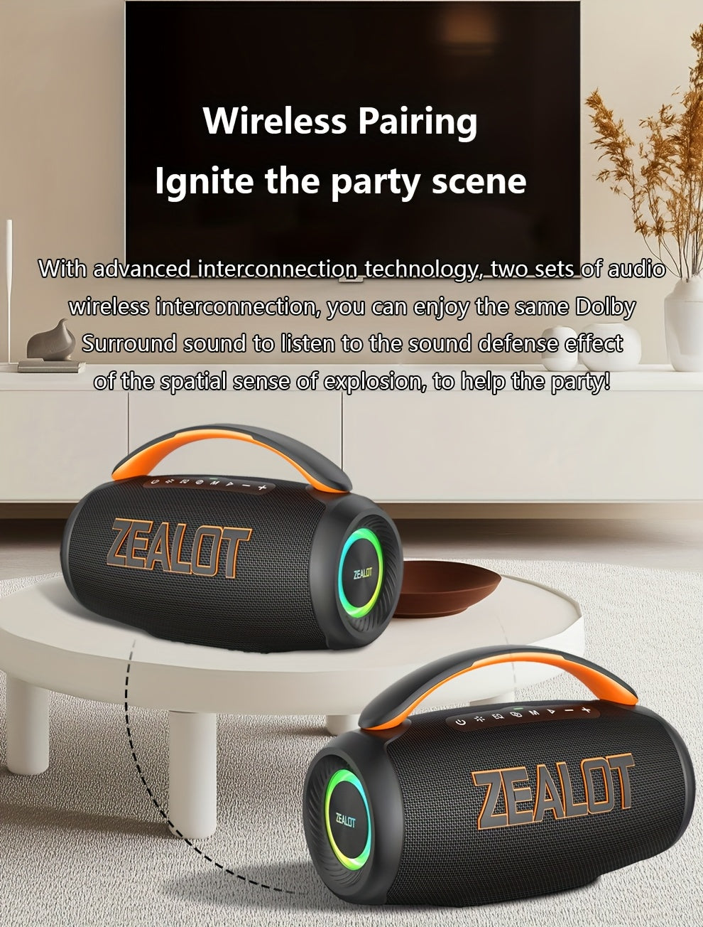ZEALOT 60W Subwoofer Speaker, Wireless Speaker with Handle, 8000mAh Battery, Easy to Carry, RGB Lights, EQ Mode, TWS Pairing, Booming Bass. IPX5 High Quality, Great for Parties And Gatherings. for Home, Car, Camping-ZEALOT P1