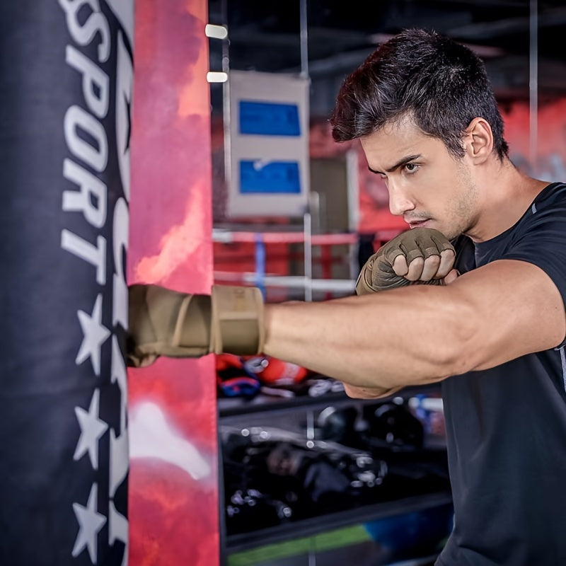 Half Finger Gym Gloves - Extra-Long Wrist Support & Non-Slip Palms for Weight Lifting, Gym Training, Cycling - Durable Black/Brown Design with Adjustable Buckle Closure - Unisex Fitness Gloves, Gym Accessories, Weightlifting