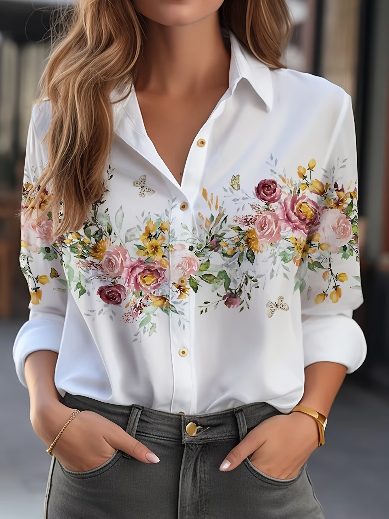 Floral Print Button Front Shirt, Casual Long Sleeve Shirt For Spring & Fall, Women's Clothing
