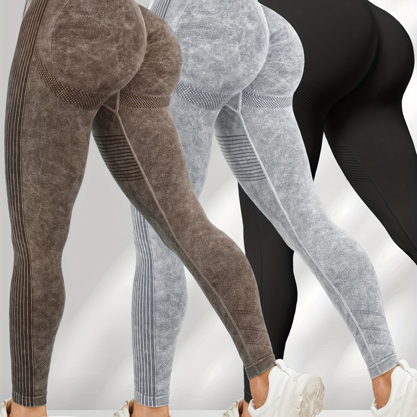 Women'S 3pcs High-Waisted Yoga Pants with Textured Surface, Stretchy & Comfortable - Beige, Black, Gray - Perfect for Fitness, Workouts & All-Season Wear, Workout Leggings | Minimalist Design | Stretchy Fabric