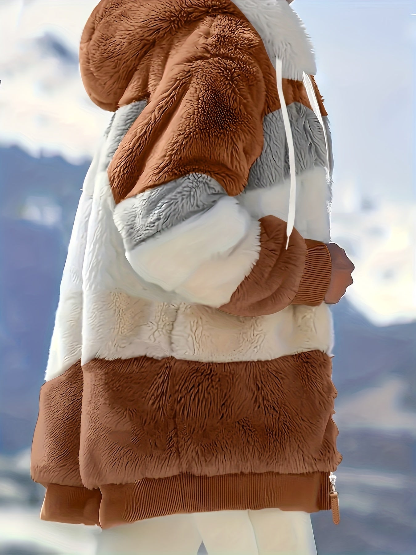 Women's Plush Faux Fur Hooded Jacket - Loose Fit Color Block Coat with Blue/Beige/White/Black Design, Long Sleeve Winter Warmth, Machine Washable for Casual & Formal Outfits, Ladies Winter Coats, Autumn Layering Piece, Formal