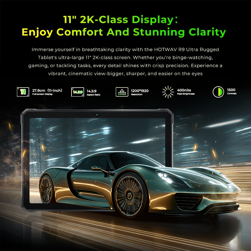 The HOTWAV R9 Ultra Is A Rugged Tablet with An 11-inch HD+ 120Hz Display, Android 15, 24 (8+16)GB RAM And 512 (expandable to 2TB)GB ROM, 64MP+16MP, 20MP Night Vision Cameras, 20080mAh Battery, S713 Chip, Dual 5G SIM Cards, GP