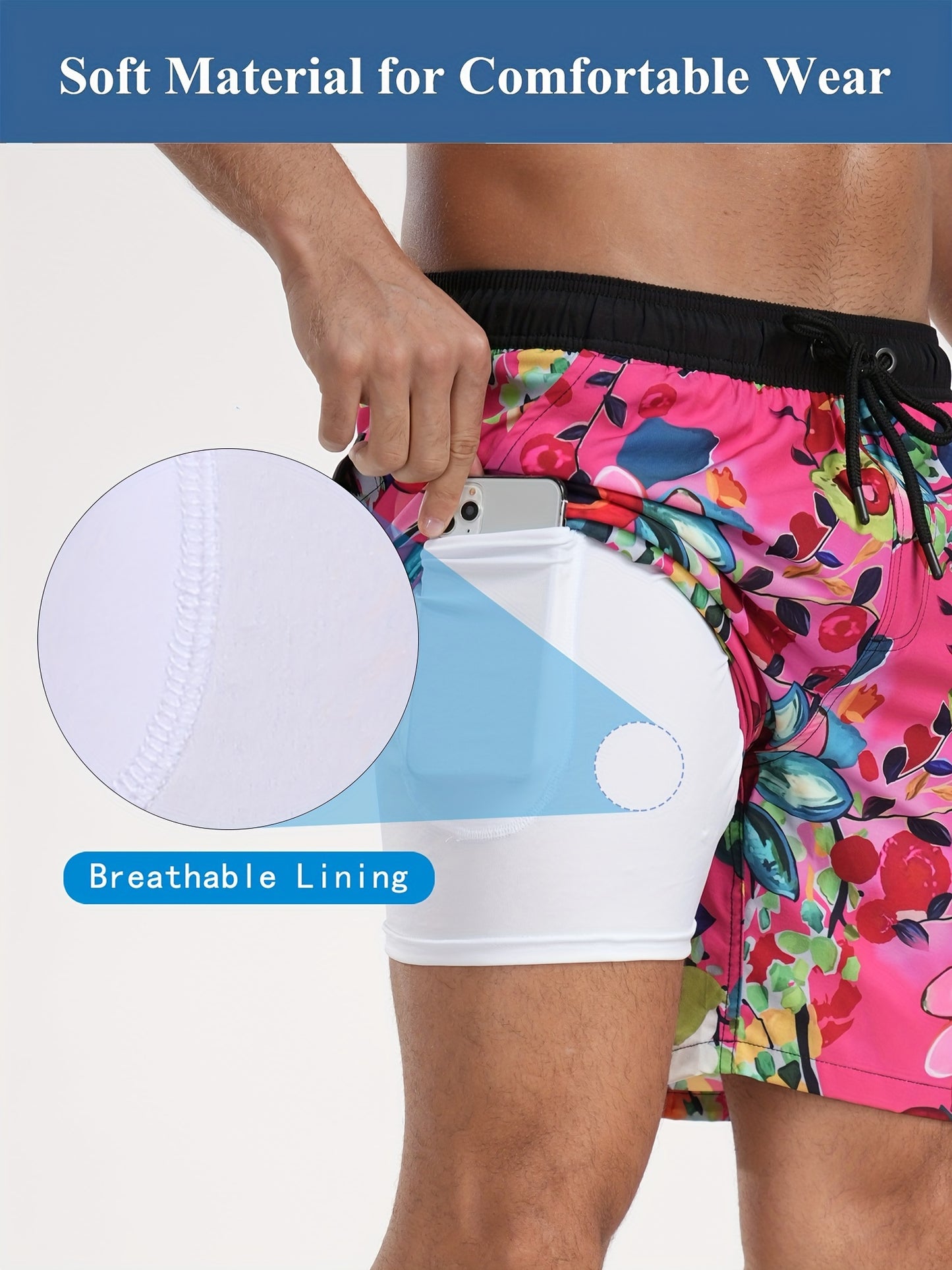 Men's Quick-Dry Beach Shorts with Tropical Palm Tree & Palm Leaf Print - Breathable Stretch Fabric for Summer, Outdoor, Hiking, Swimming - Machine Washable Casual Athletic Shorts, Outdoor Activewear, Summer Shorts