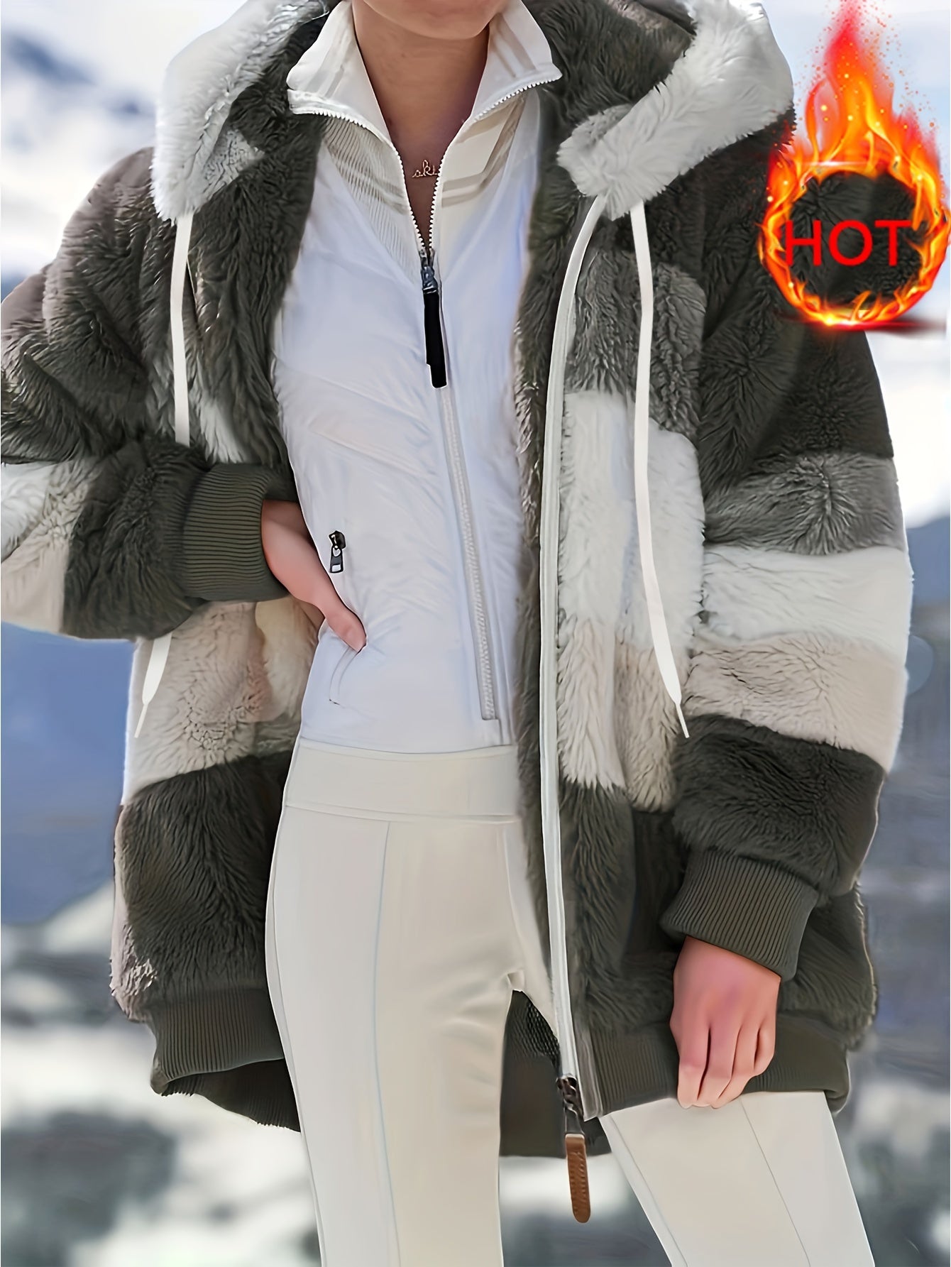 Women's Plush Faux Fur Hooded Jacket - Loose Fit Color Block Coat with Blue/Beige/White/Black Design, Long Sleeve Winter Warmth, Machine Washable for Casual & Formal Outfits, Ladies Winter Coats, Autumn Layering Piece, Formal