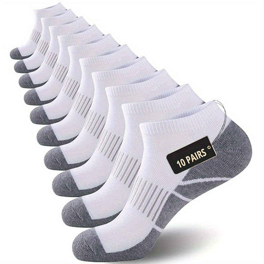 10 Pairs THCBME Men's Low-Cut Athletic Socks - Heavy-Duty, Multi-Color (White/Black/Grey/Tan) - Elastic Comfort Fit for, Gym, - Bulk Pack (10-Pair Box) - Durable Everyday Casual Socks