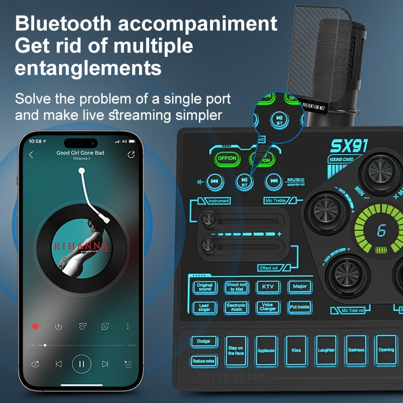Podcast Live Broadcast Kit, SX91 Live Sound Card + BM800 Podcast XLR Condenser Microphone, Professional Mixing Equipment Set, Ideal for Gaming, Live Broadcasting, Recording Streaming Podcasts, Video Studio, Compatible with La