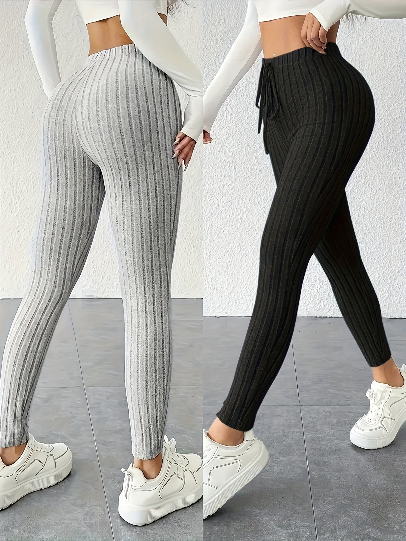 Two-Pack High-Waisted Pants, High Elasticity Solid Color Long Pants for Women, Tummy Control and Body Shaping, Suitable for Daily Wear, Comfortable Women'S Outerwear Leggings, Multi-Pack, Women' Ribbed Two Piece Casual Wide L