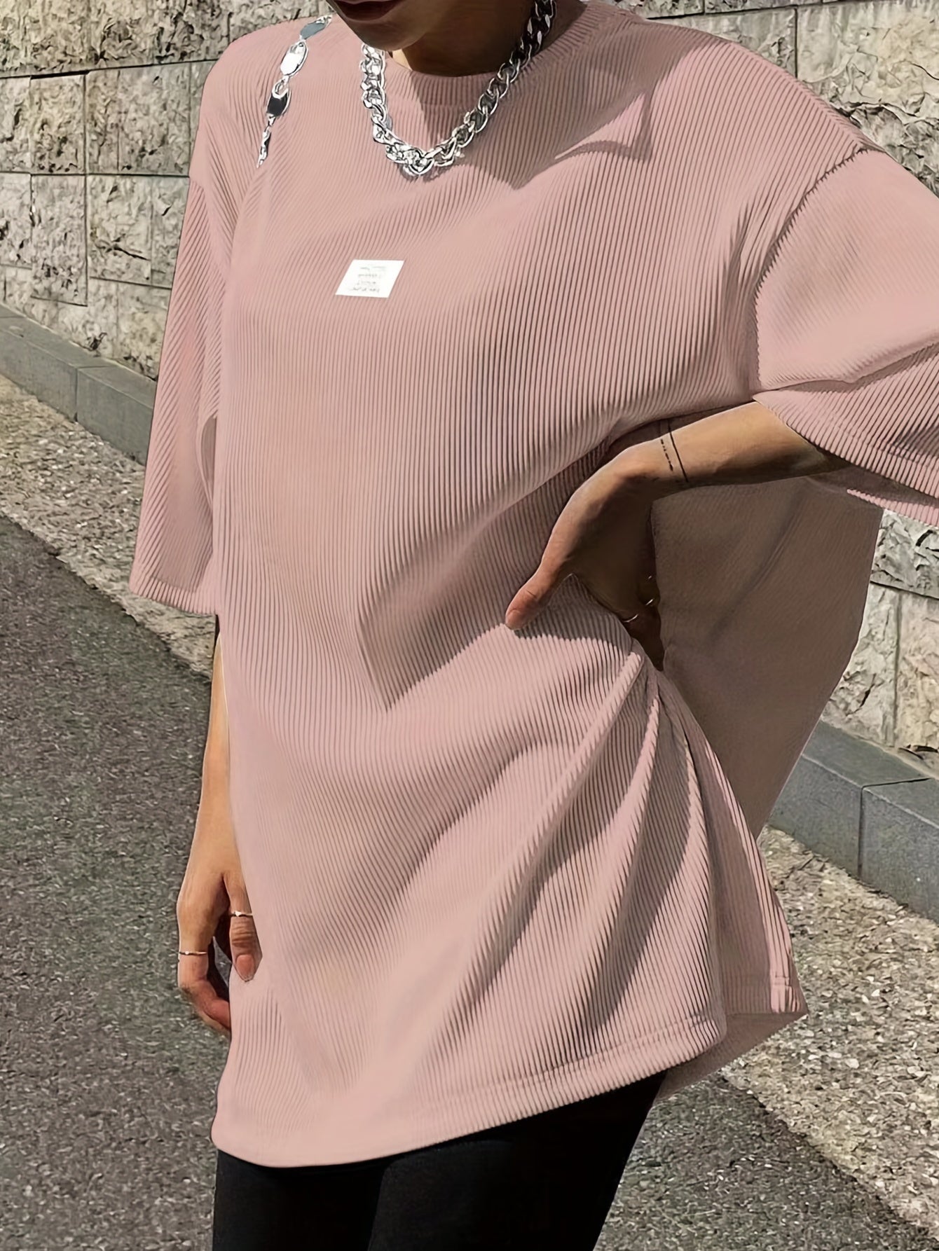 Oversized Drop Shoulder Ribbed T-Shirt, Casual Crew Neck Short Sleeve T-Shirt For Spring & Summer, Women's Clothing