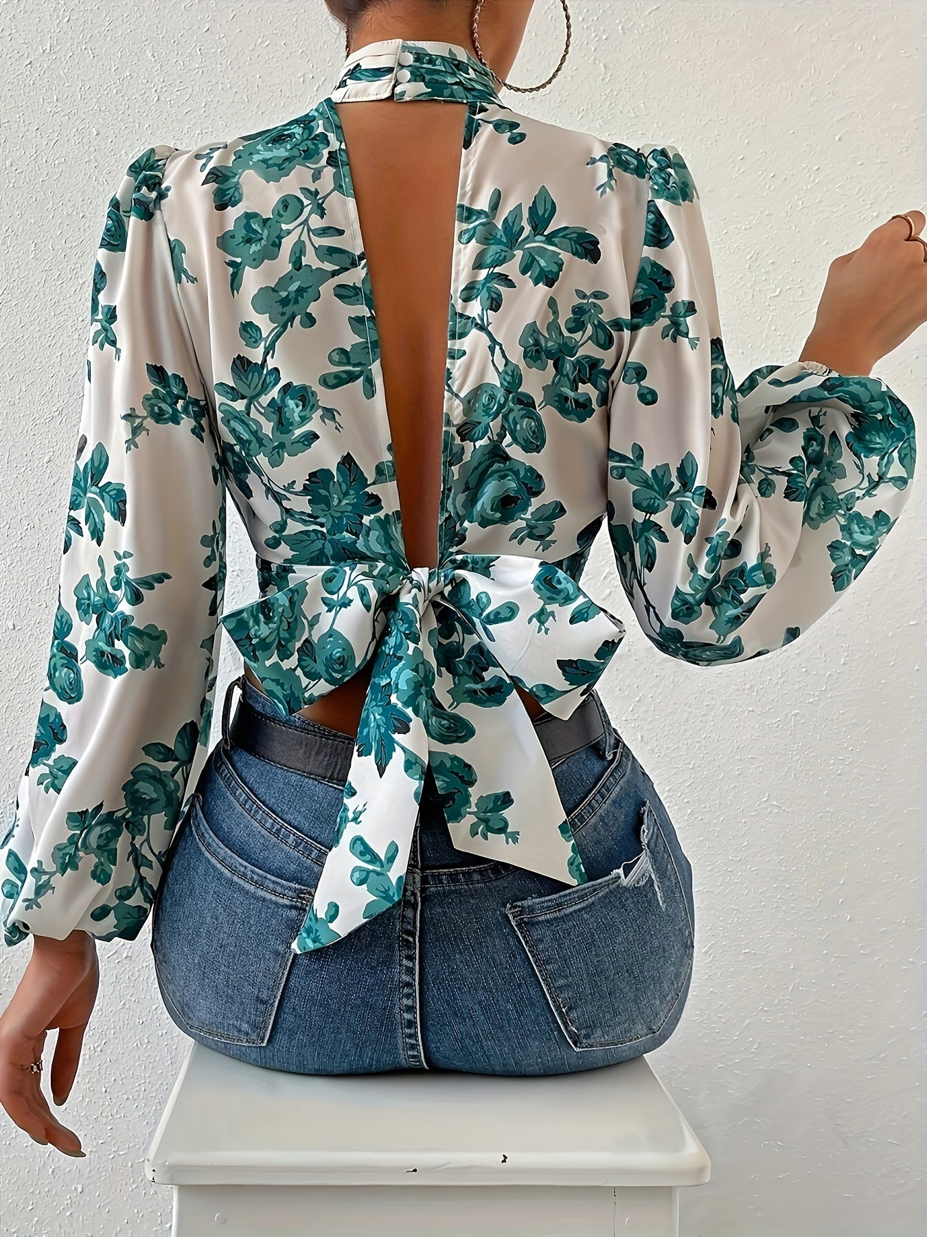Floral Print Tie Back Crop Blouse, Elegant Lantern Sleeve Cut Out Blouse For Spring & Fall, Women's Clothing