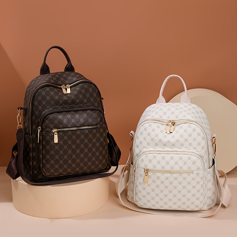 Women's Clover Backpack - Large Capacity, Adjustable Straps,, Zip Closure, Geometric Pattern, Beige//Black, Casual College Style, Perfect for Students and Travel, Backpack for School