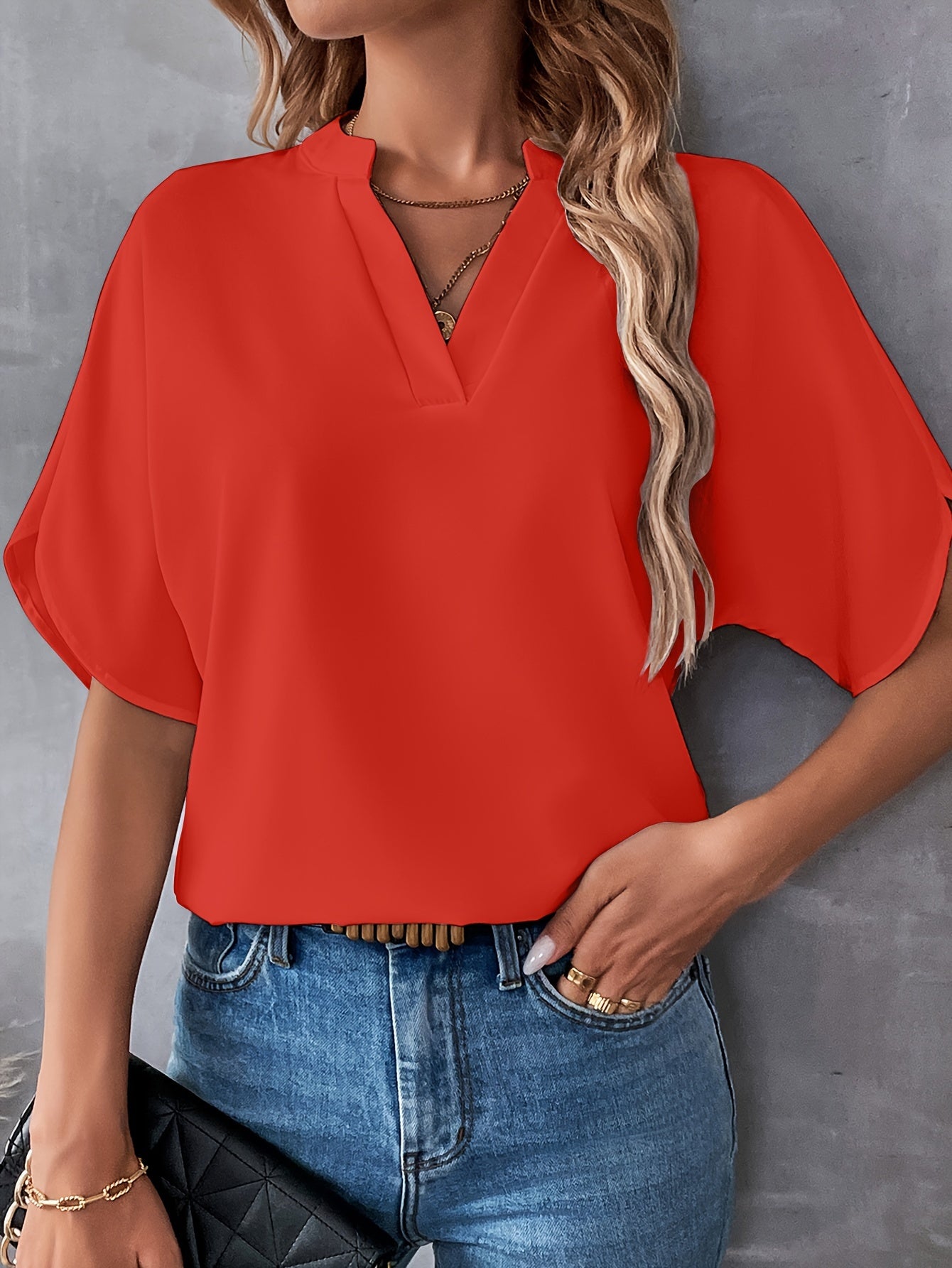 Solid Color Notch Neck Blouse, Casual Short Split Sleeve Blouse For Spring & Summer, Women's Clothing