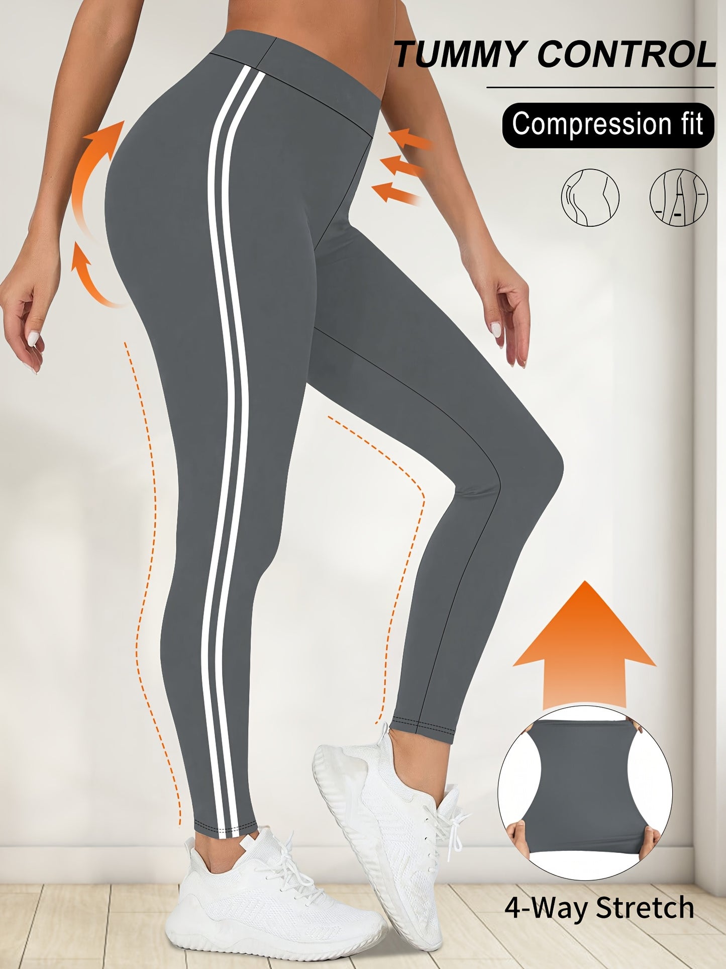 Women'S High-Waisted Black Side Stripe Leggings - Compression Fit, 4-Way Stretch, Crop Length, Sports Pants for Fitness and Casual Wear, Athletic Wear|Side Stripe Leggings|Compression Fit Leggings