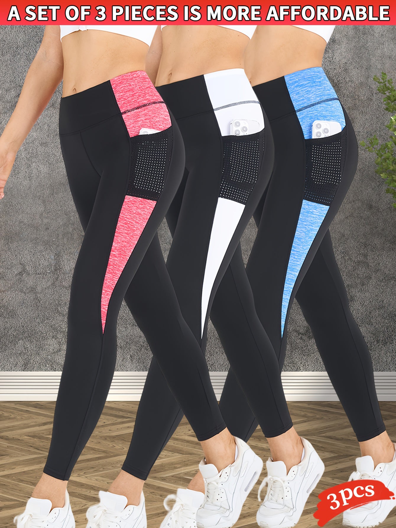 3-Pack Women's Yoga Pants Non-See-Through High-Waisted Workout Leggings - Sweat Absorbent Quick-Dry Yoga Pants with Side Pocket, Stretchy Gym Running Pilates Pants for Women (Black/Gray/Pink Accents - Affordable 3-Pack Deal),