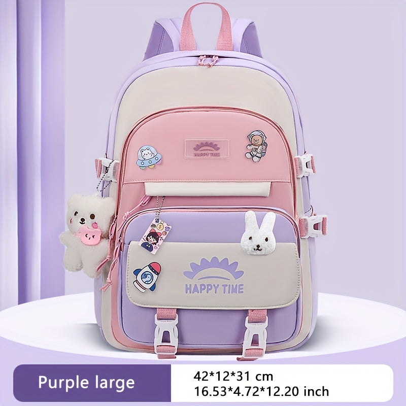 Chic Nylon Backpack for Girls - Cute Cartoon Design, Adjustable Straps, Lightweight backpack, Perfect for Elementary to High School Students