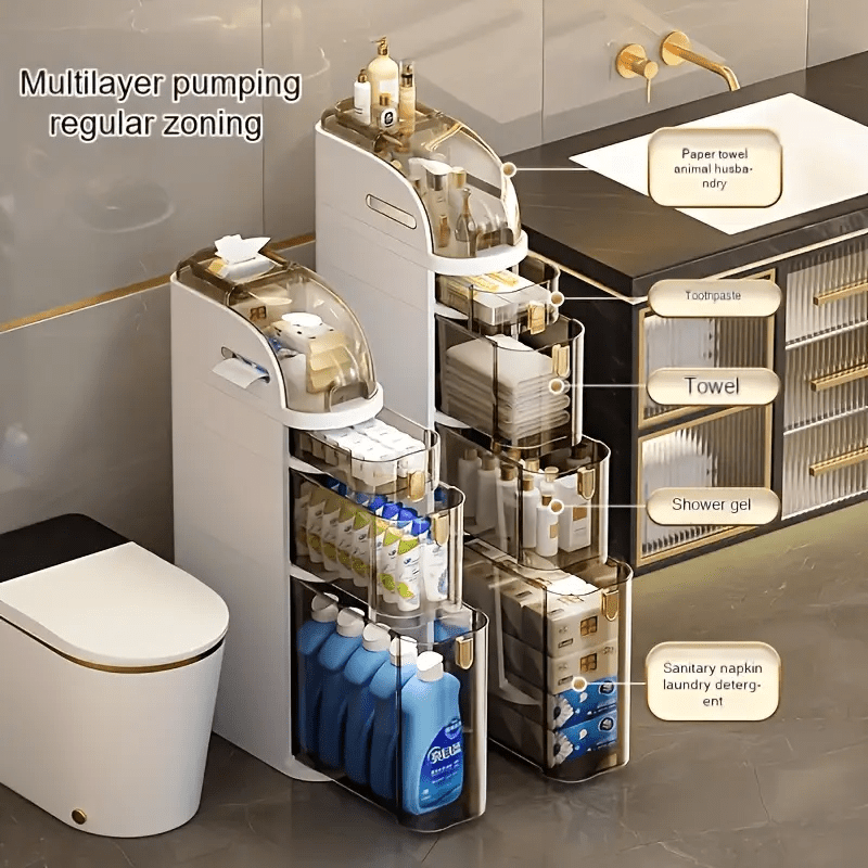 4-Tier Ultra-Thin Bathroom Storage Cabinet, Narrow Space Mobile Organizer with Wheels for Small Kitchens and Living Rooms