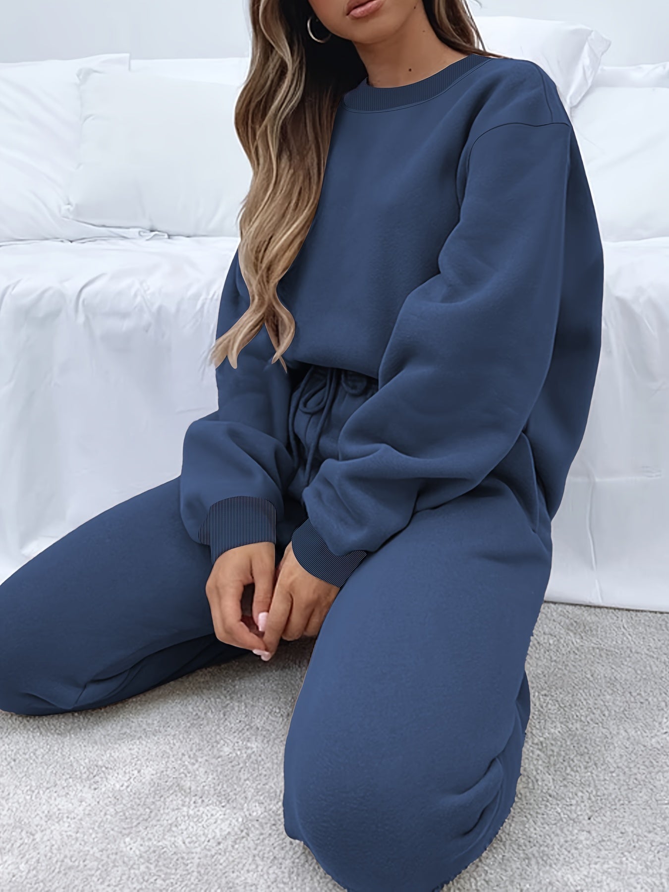 Solid Casual Two-piece Set, Crew Neck Long Sleeve Tops & Drawstring Jogger Pants Oufits, Women's Clothing