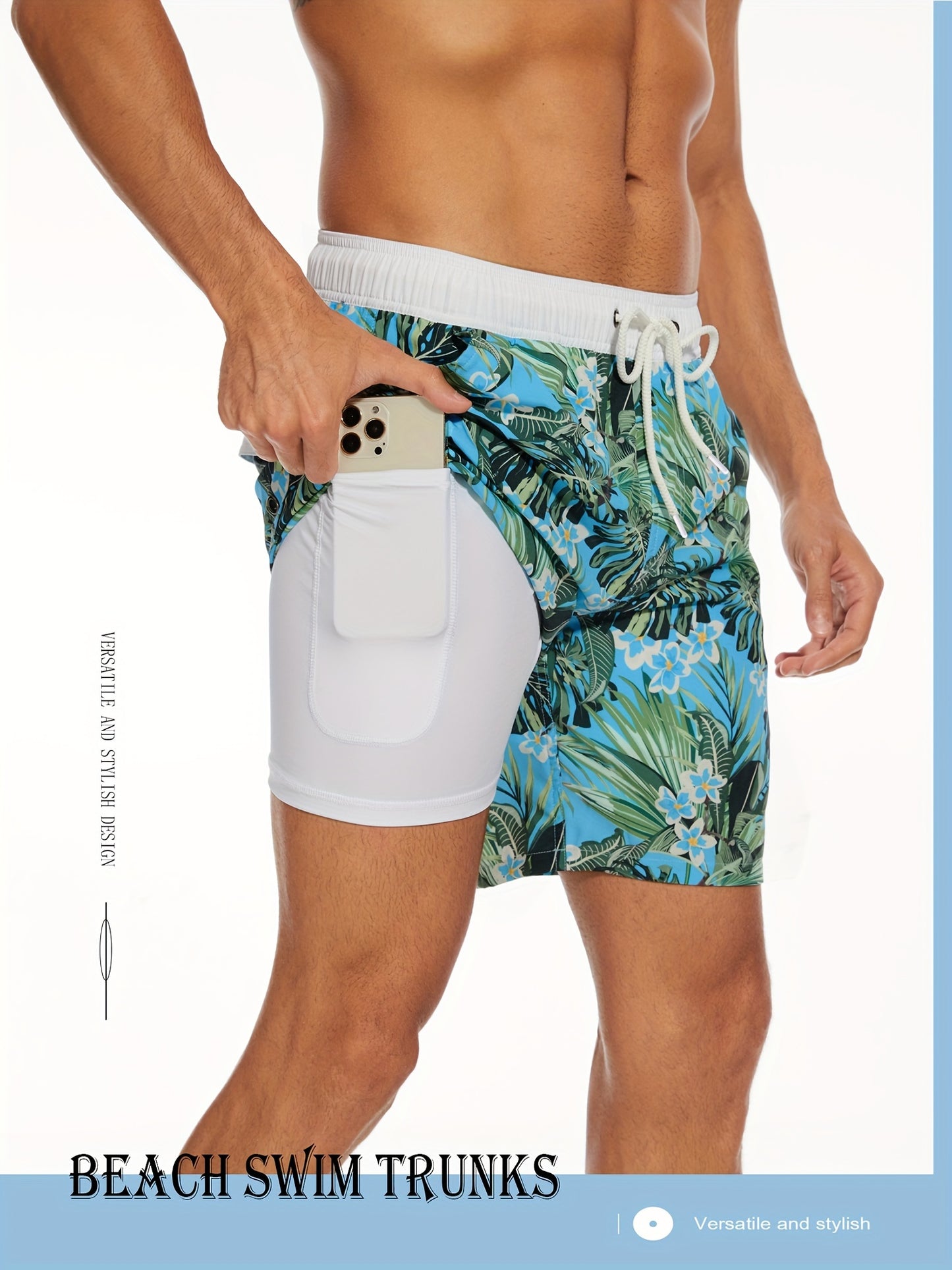 Men's Quick-Dry Beach Shorts with Tropical Palm Tree & Palm Leaf Print - Breathable Stretch Fabric for Summer, Outdoor, Hiking, Swimming - Machine Washable Casual Athletic Shorts, Outdoor Activewear, Summer Shorts
