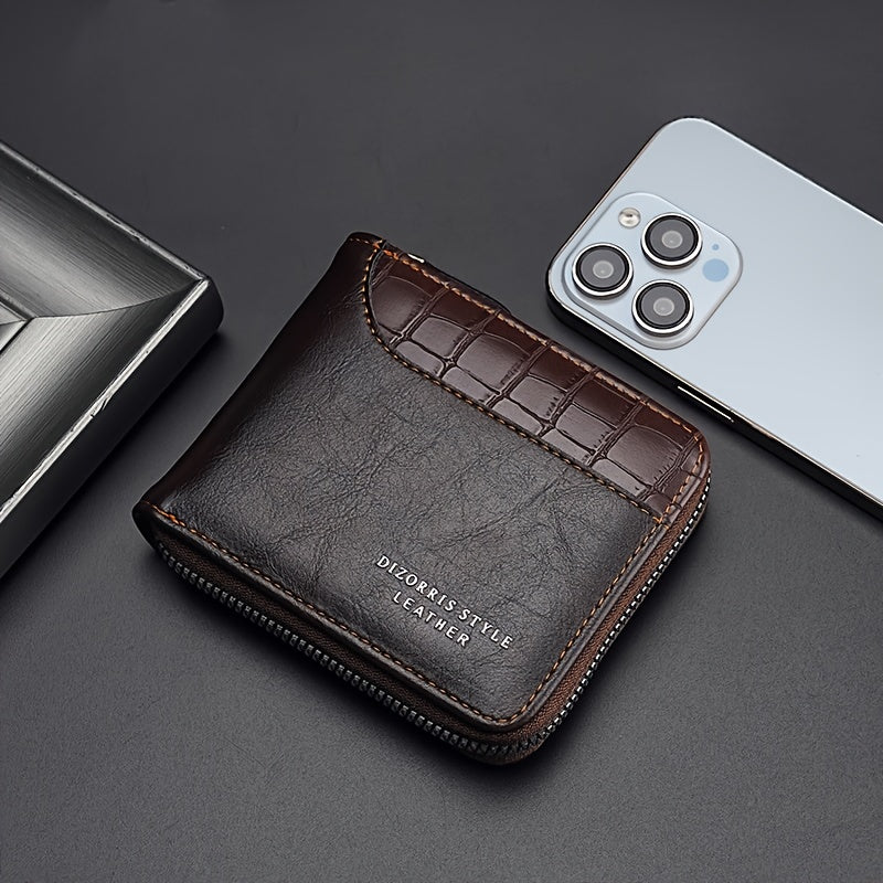 Luxury PU Leather Men's Wallet with RFID Blocking Technology, Zipper Closure & Multi-Compartment Design - Brown/Tan Crocodile Texture, Golden-Tone Hardware, Coin Pocket & Card Holder - Elegant Gift for Men, Durable Everyday W