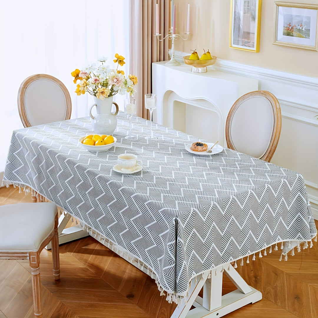1pc, Bohemian Geometric Wave Pattern Tablecloth - European Style Cotton and Linen Rectangular Tablecloth for Farmhouse, Restaurant, Picnic, Camping, Birthday Party Decoration and Home Decor