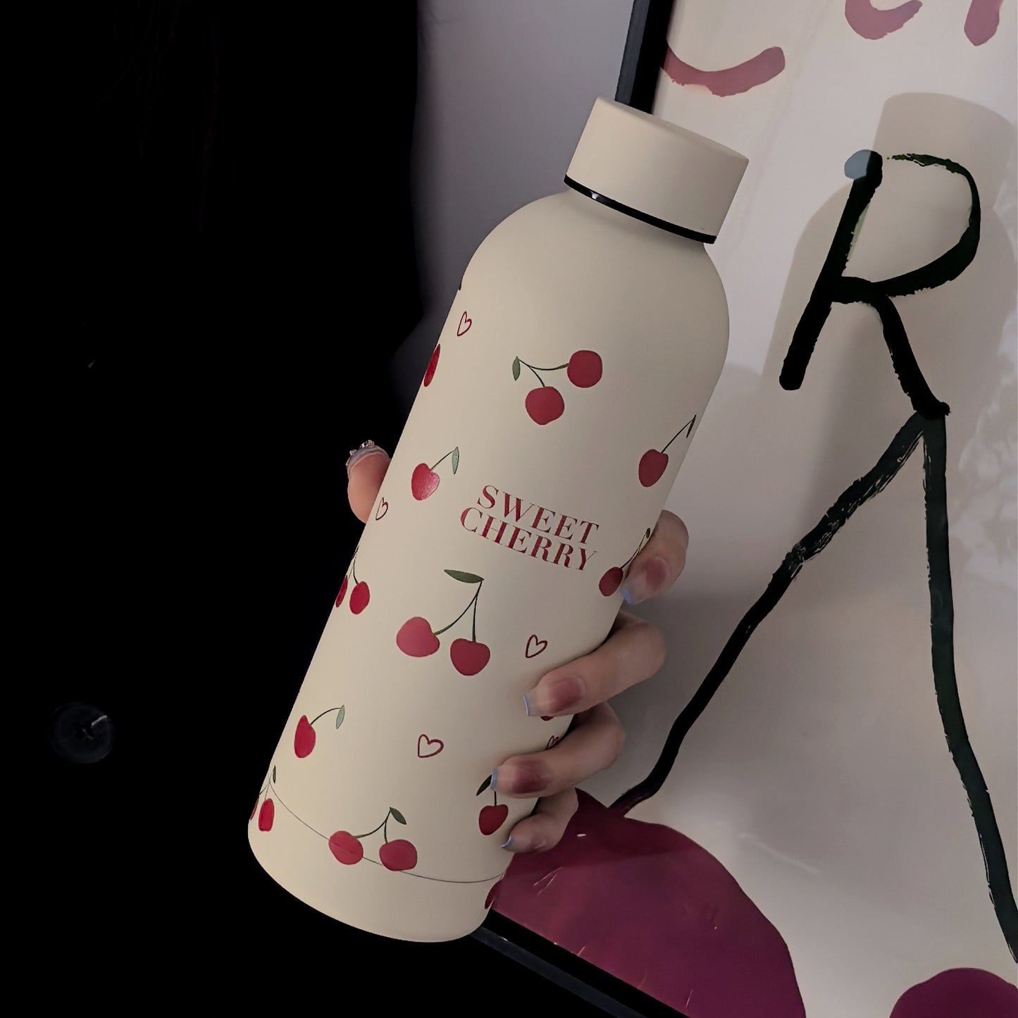 Cherry Heart Series 500ml/17oz Stainless Steel Insulated Tumbler - Double-Wall Vacuum Travel Mug for Hot and Cold Beverages, Ideal for Gym, Outdoor Activities, Coffee, Flat Bottom Car Cup, Perfect for Back to School, Birthday