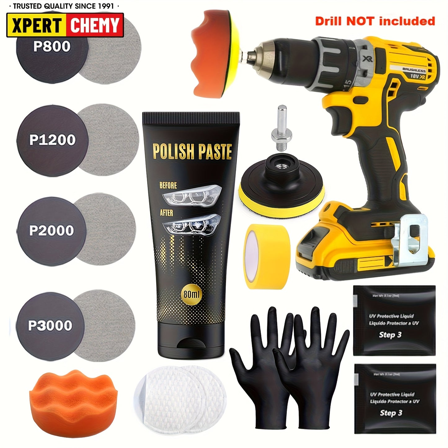 Headlight Restoration Kit, Universal Model, with Sanding Discs, Clear Coat Wipes, Foam Pad & Glove, for Car Headlights, Taillights, Fog Lights, Plastic Lens Restoration and Protection