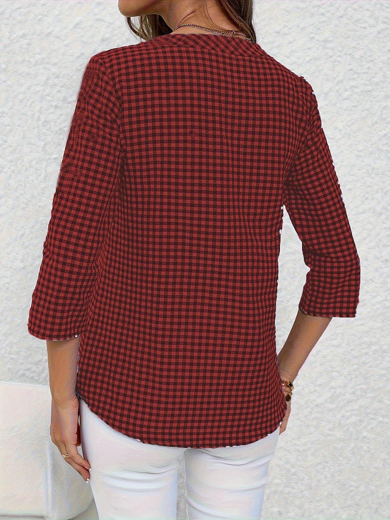 Plaid Print Button Notched Neck Blouse, Casual Rolled Sleeve Blouse For Spring, Women's Clothing
