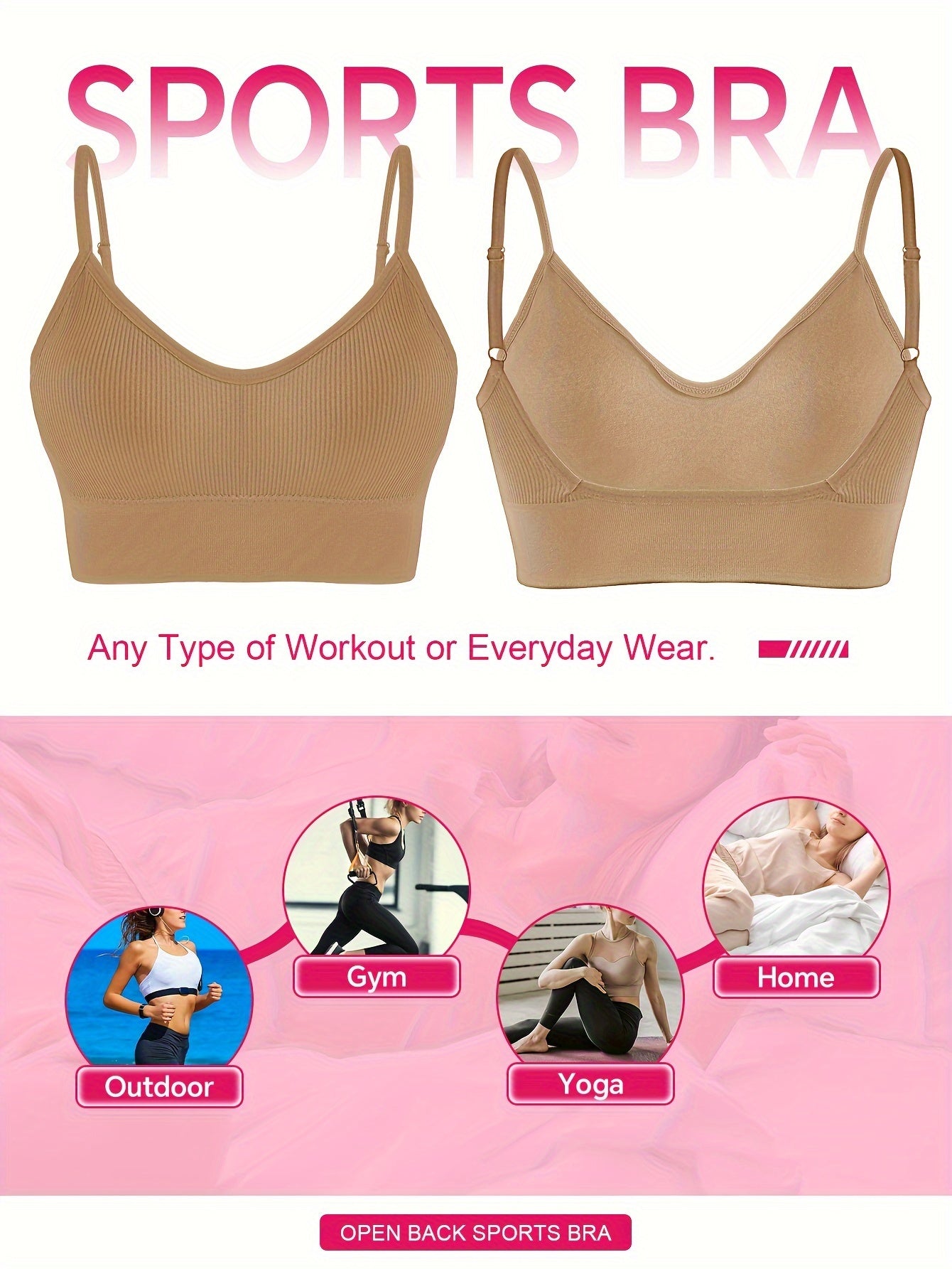 Solid Ribbed Sports Bra, Comfy & Breathable Workout Fitness Intimates Bra, Women's Lingerie & Underwear