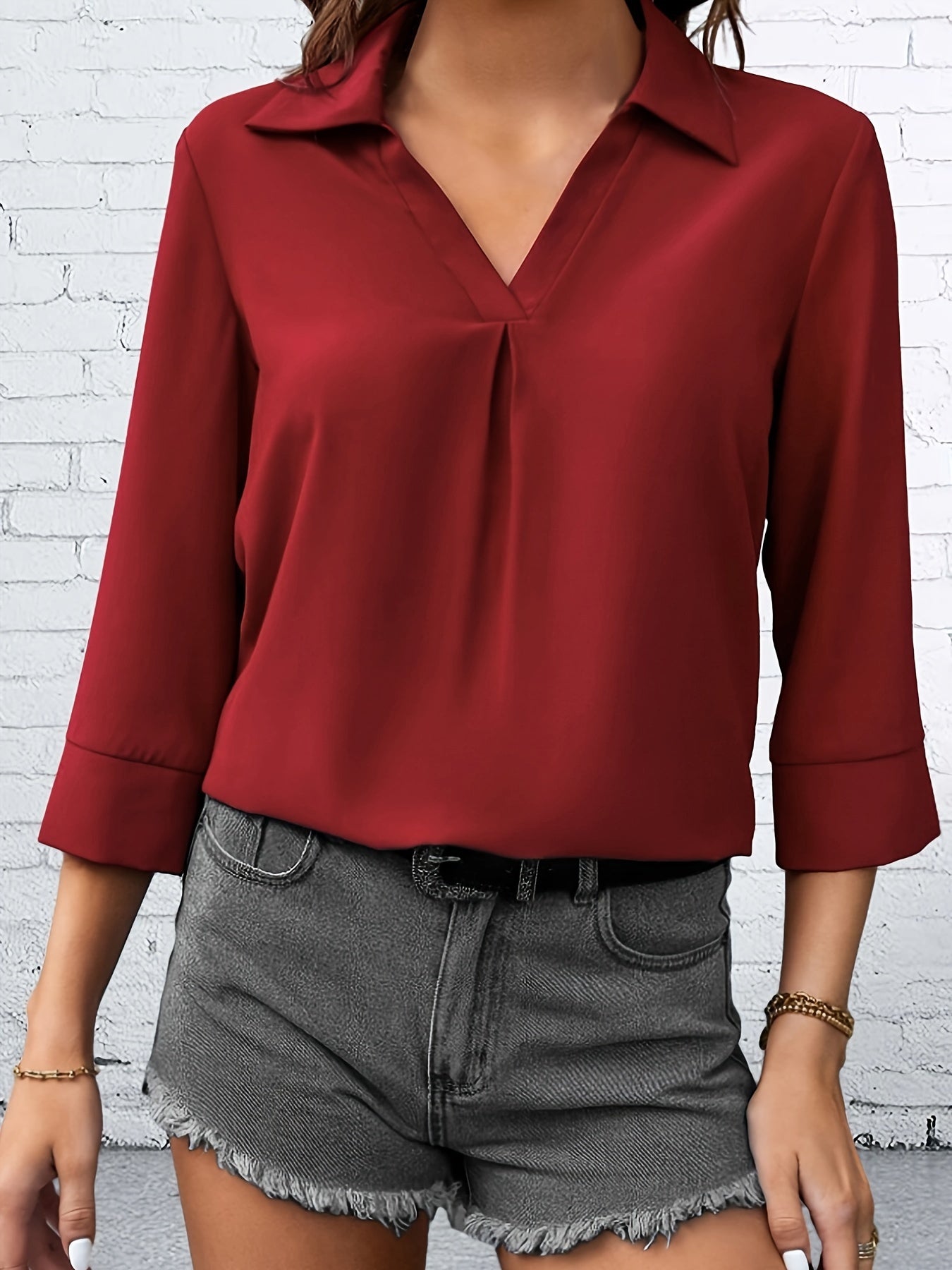 Solid V Neck Blouse, Elegant 3/4 Sleeve Blouse For Spring & Fall, Women's Clothing