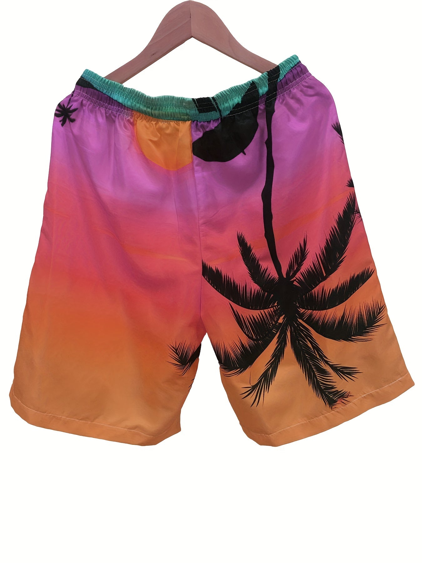 Quick Drying Comfortable Breathable Gradient Palm Tree At Dawn Seaside Drawstring Swim Trunks, Men's Board Shorts Swimwear For Summer Vacation Resort Beach Pool
